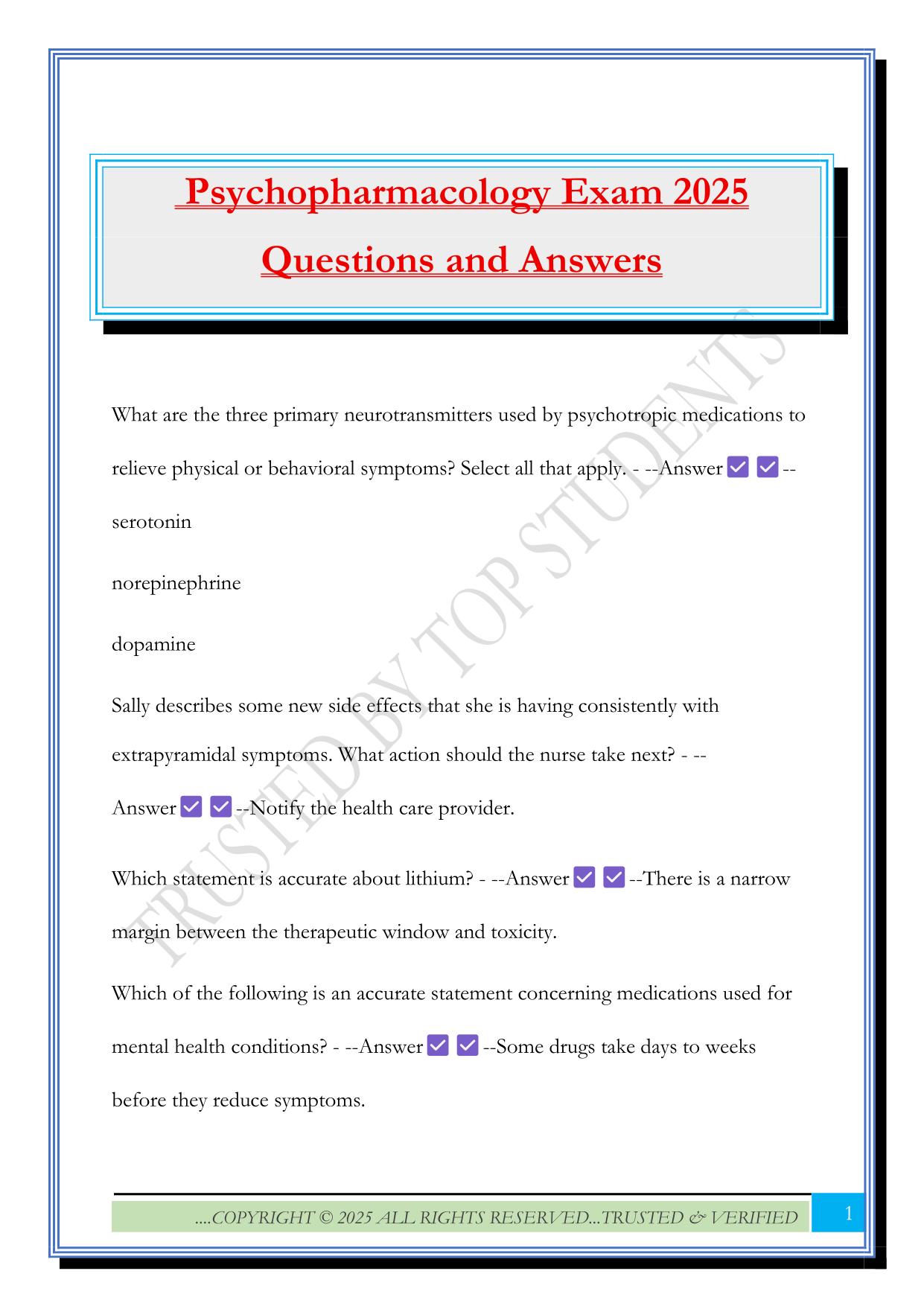 Psychopharmacology Exam 2025 Questions and Answers