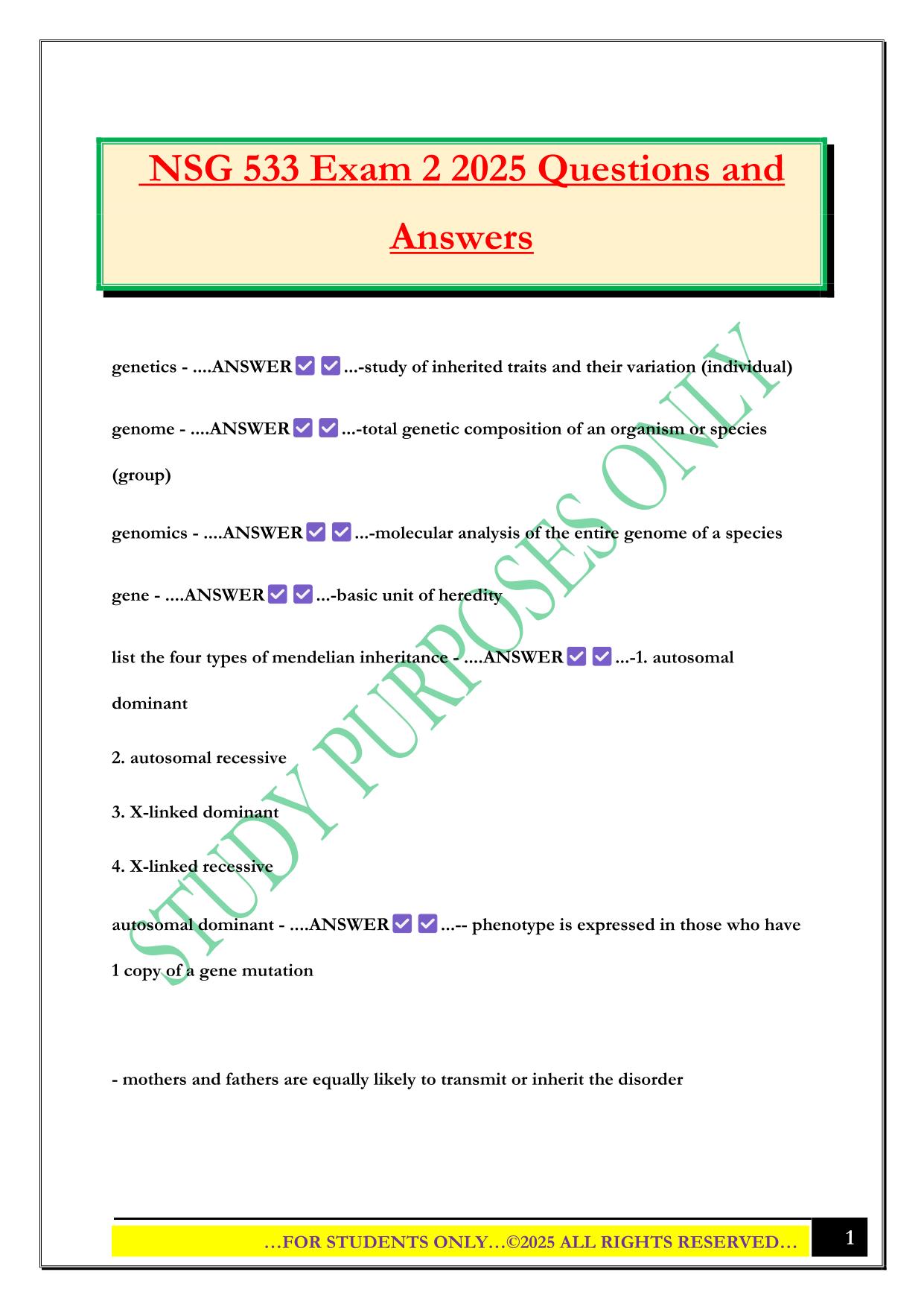 NSG 533 Exam 2 2025 Questions and Answers