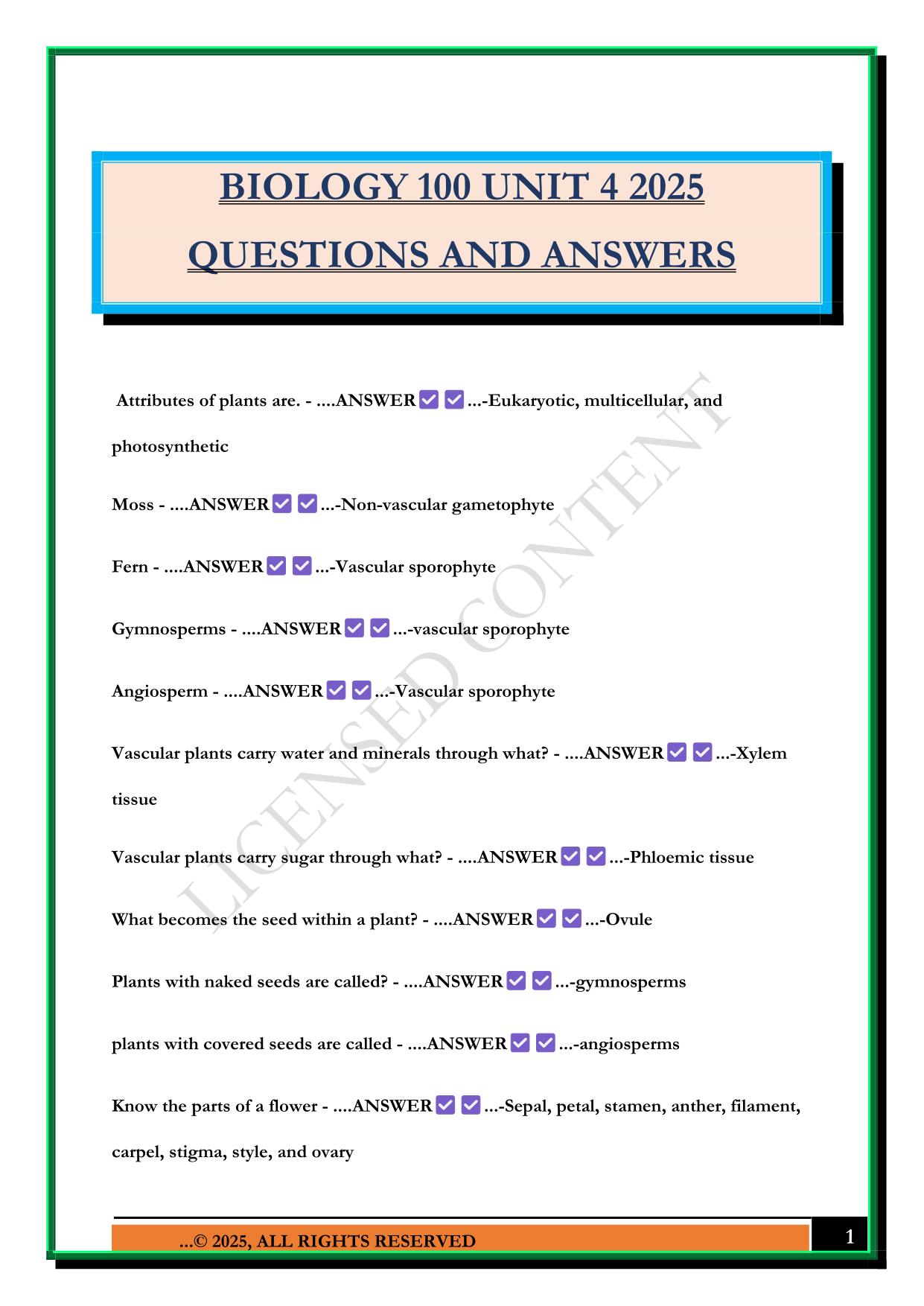BIOLOGY 100 UNIT 4 2025 QUESTIONS AND ANSWERS
