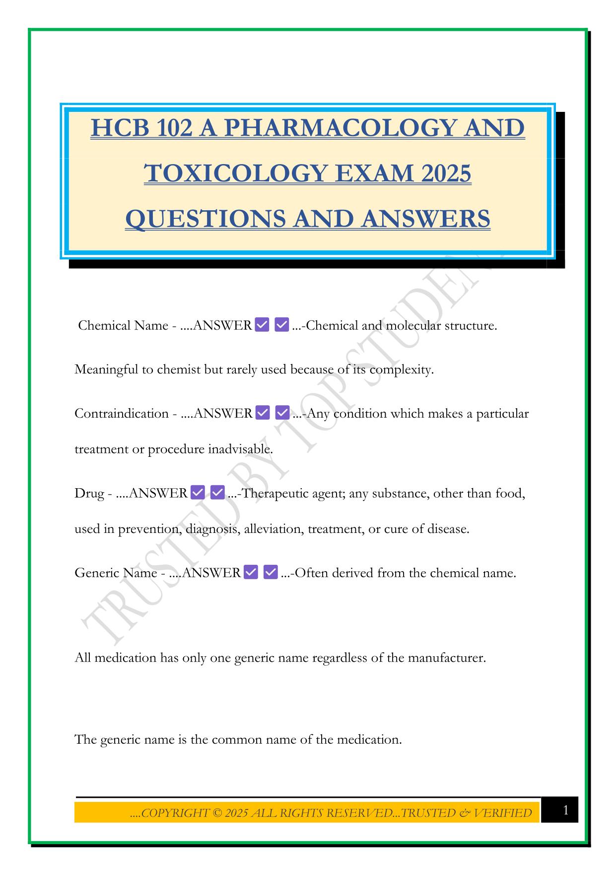 HCB 102 A PHARMACOLOGY AND TOXICOLOGY EXAM 2025 QUESTIONS AND ANSWERS