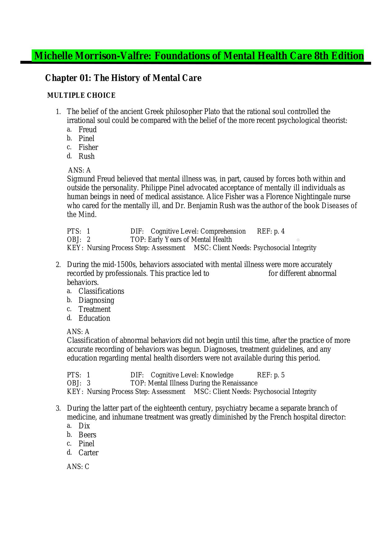 Test Bank for Foundations of Mental Health Care Exam Questions and Answers 100% Pass |Updated 2025/2026