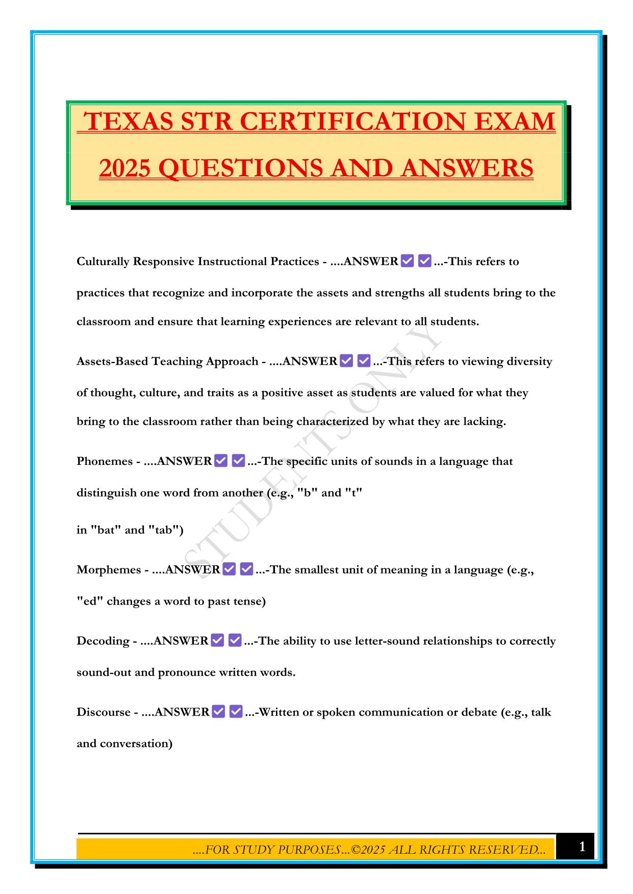 TEXAS STR CERTIFICATION EXAM 2025 QUESTIONS AND ANSWERS