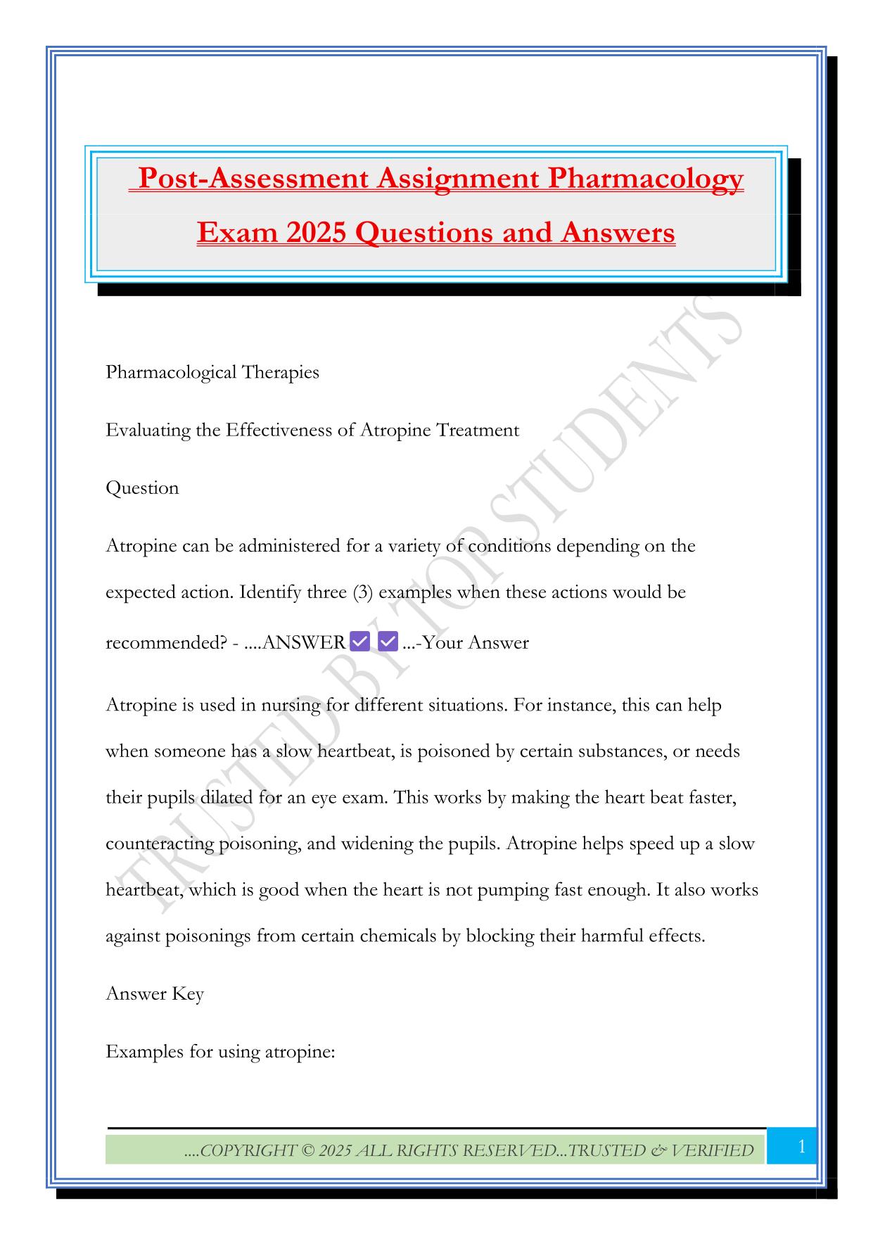 Post-Assessment Assignment Pharmacology Exam 2025 Questions and Answers