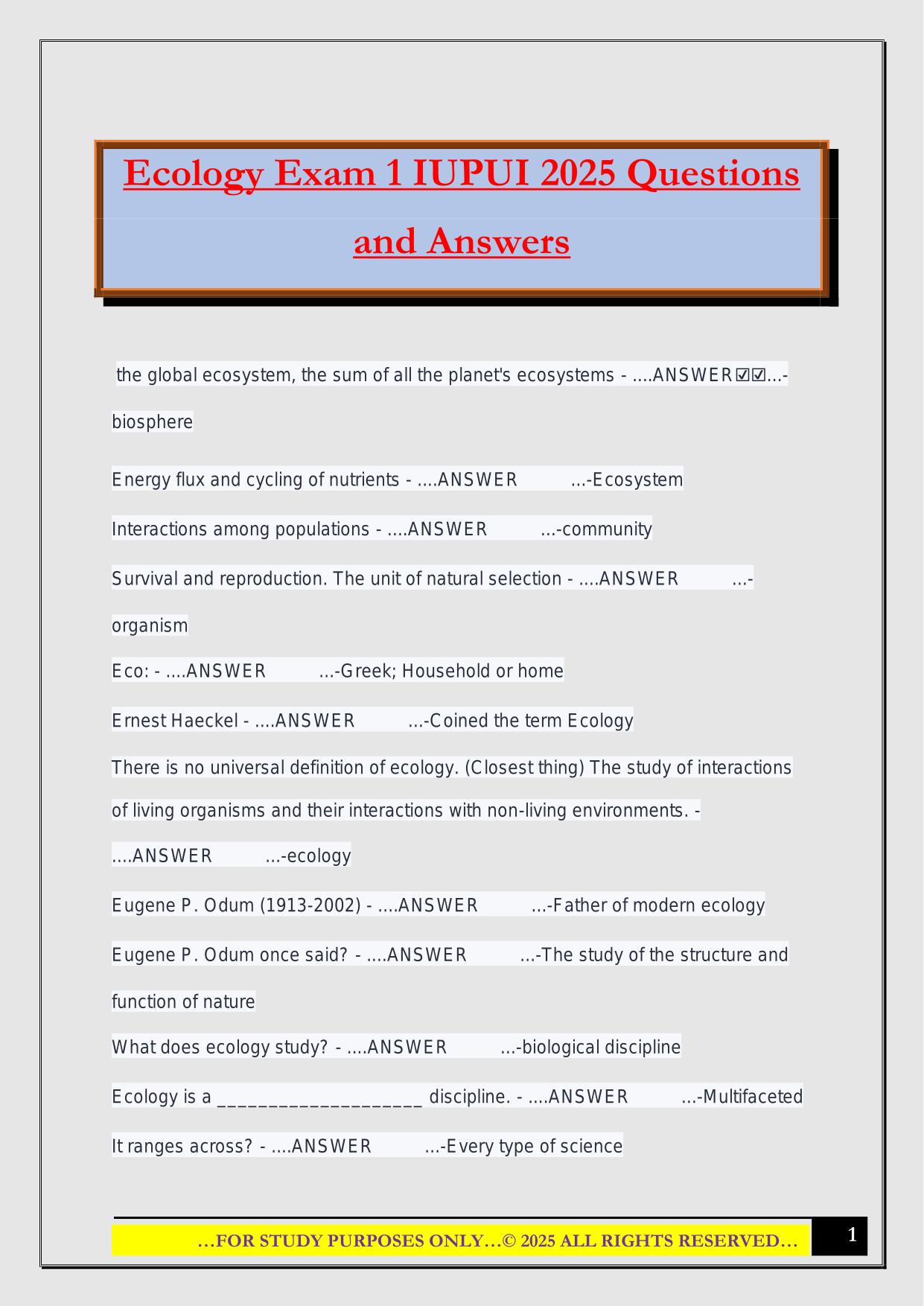 Ecology Exam 1 IUPUI 2025 Questions and Answers