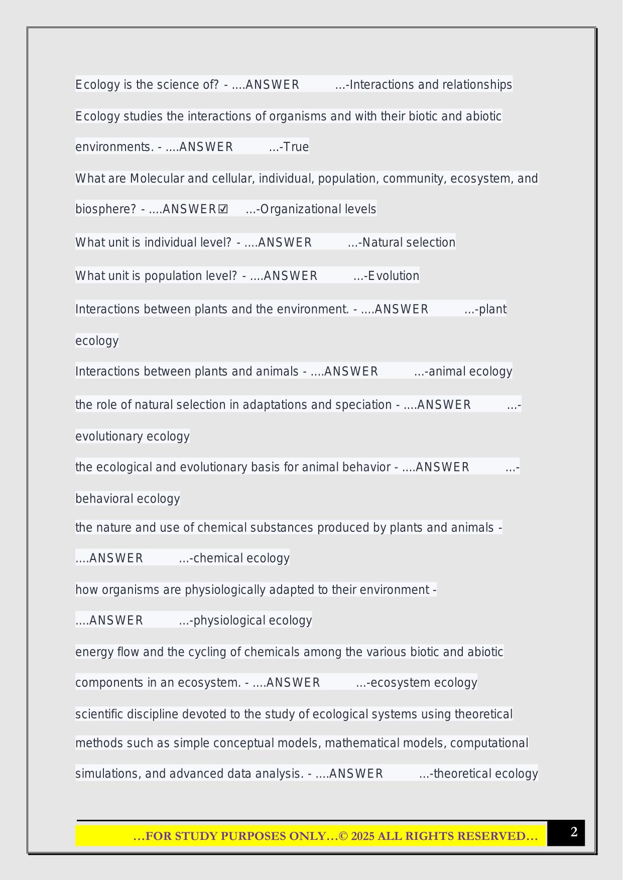 Ecology Exam 1 IUPUI 2025 Questions and Answers