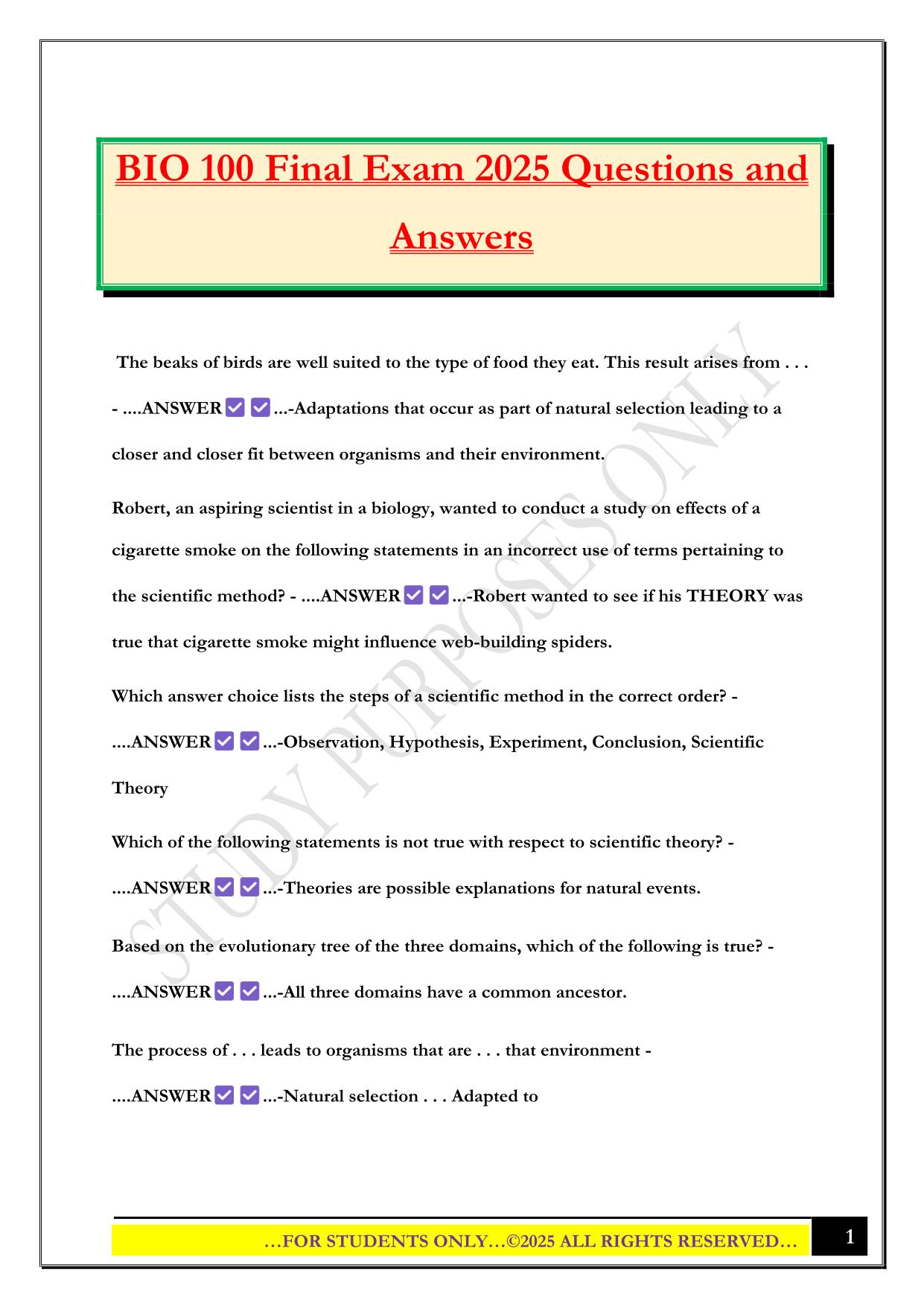 BIO 100 Final Exam 2025 Questions and Answers