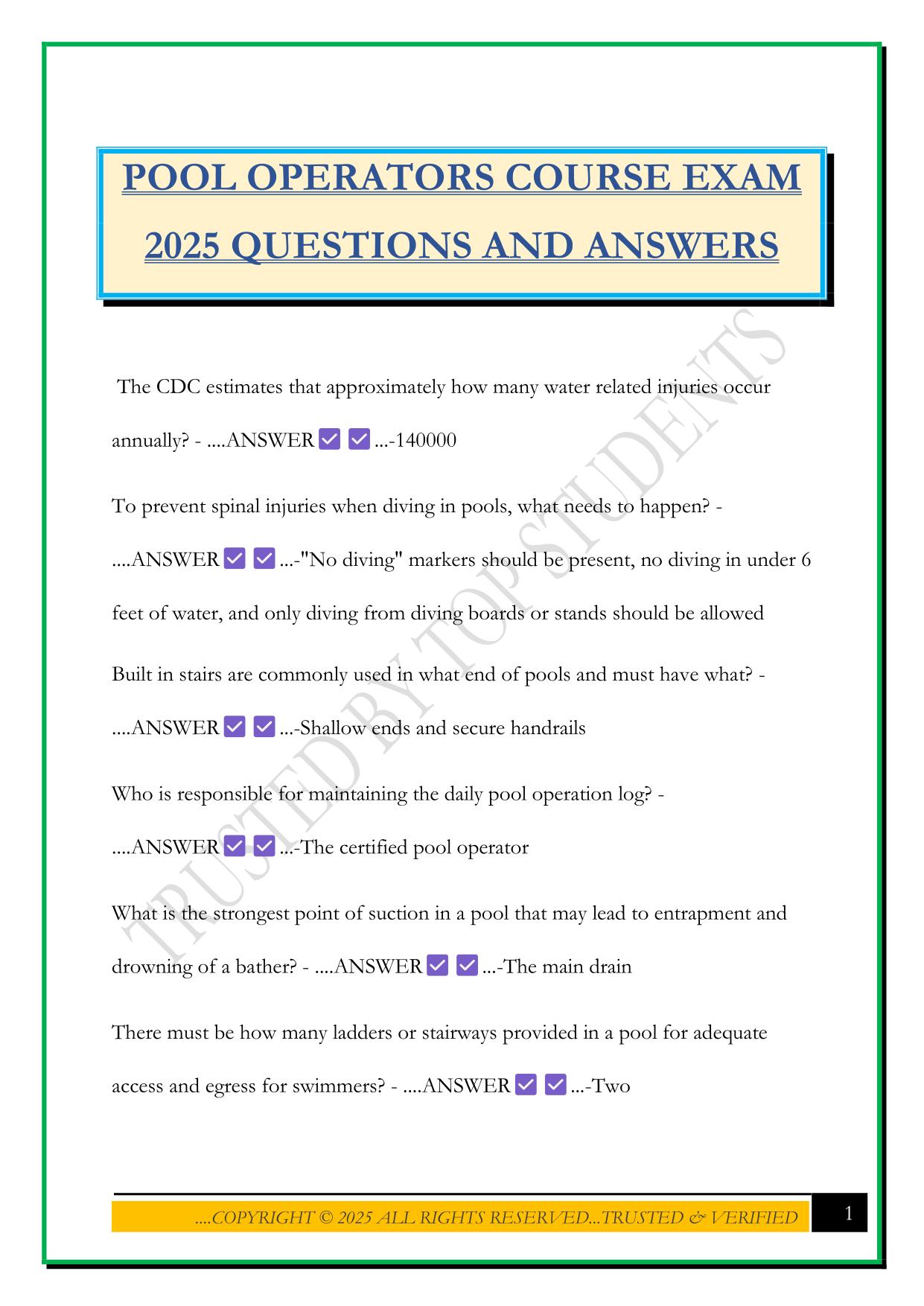 POOL OPERATORS COURSE EXAM 2025 QUESTIONS AND ANSWERS