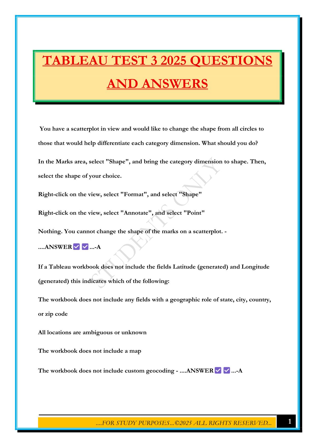 TABLEAU TEST 3 2025 QUESTIONS AND ANSWERS