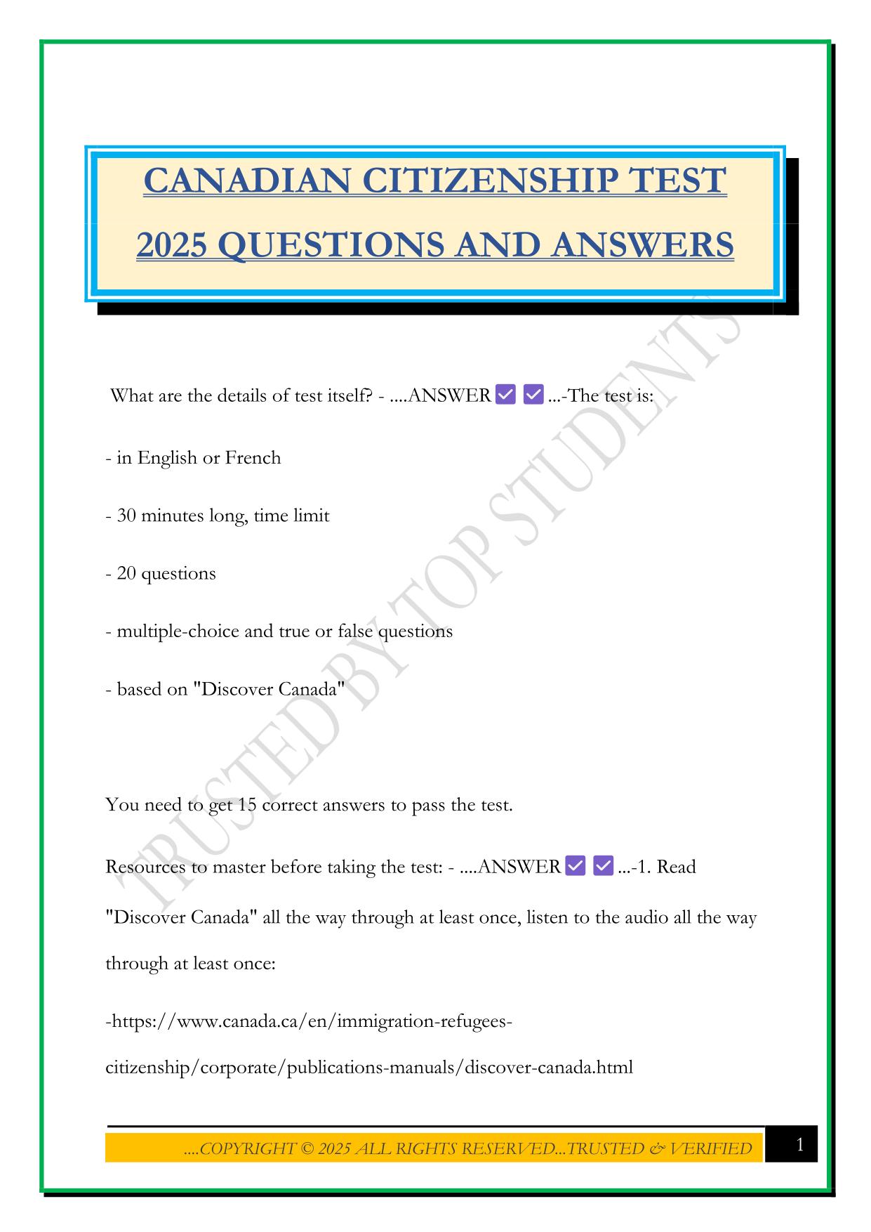 CANADIAN CITIZENSHIP TEST 2025 QUESTIONS AND ANSWERS