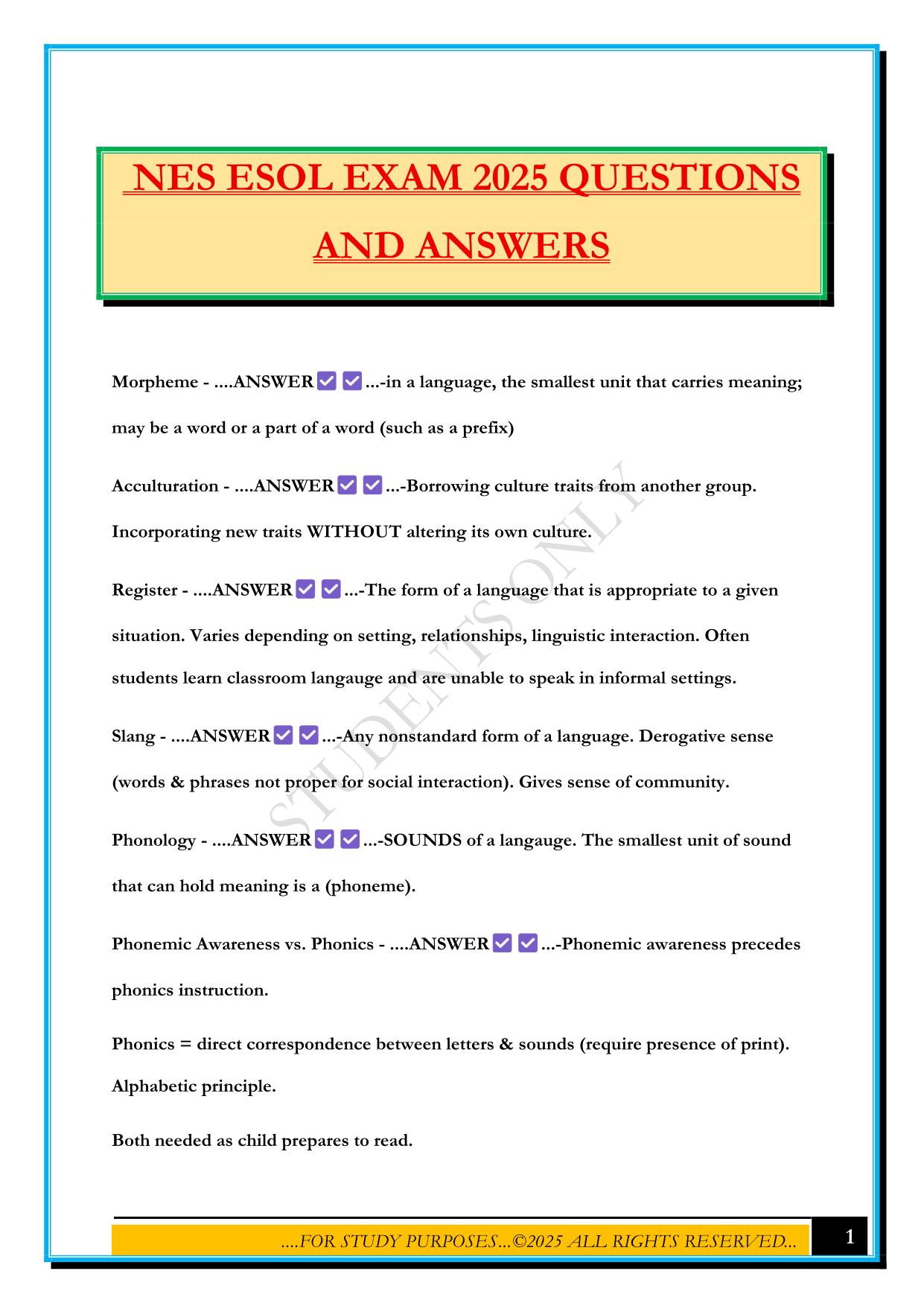 NES ESOL EXAM 2025 QUESTIONS AND ANSWERS