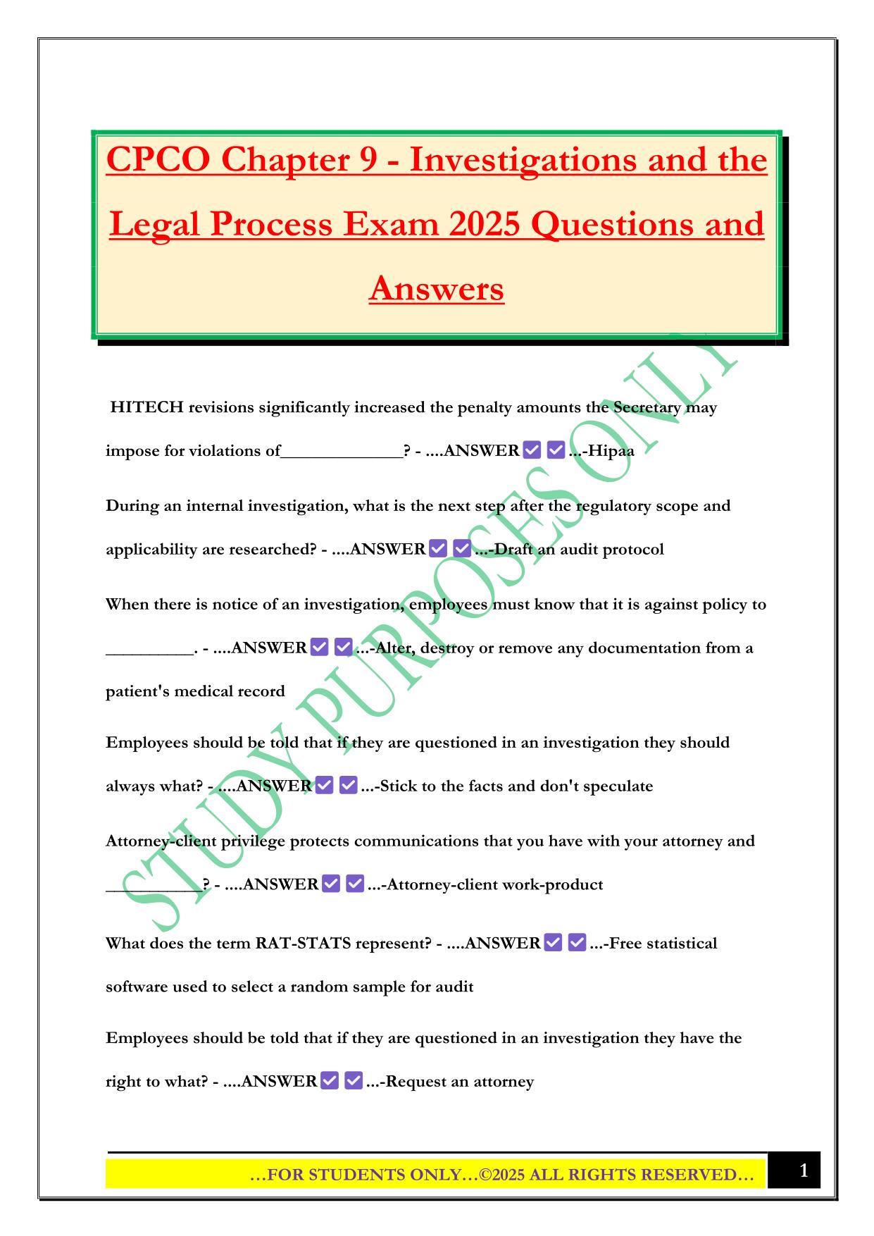 CPCO Chapter 9 - Investigations and the Legal Process Exam 2025 Questions and Answers