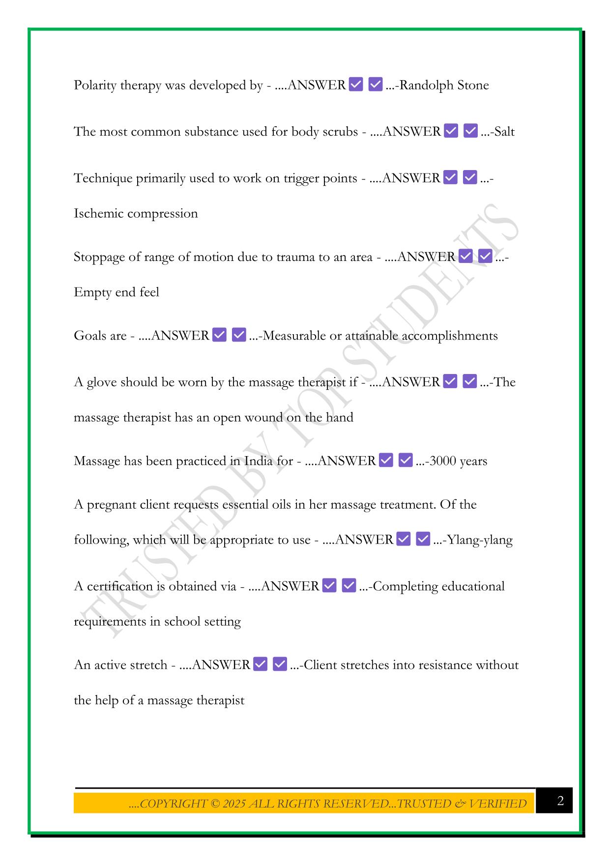 MASSAGE THERAPY AND BUSINESS PRACTICE TEST 2025 QUESTIONS AND ANSWERS