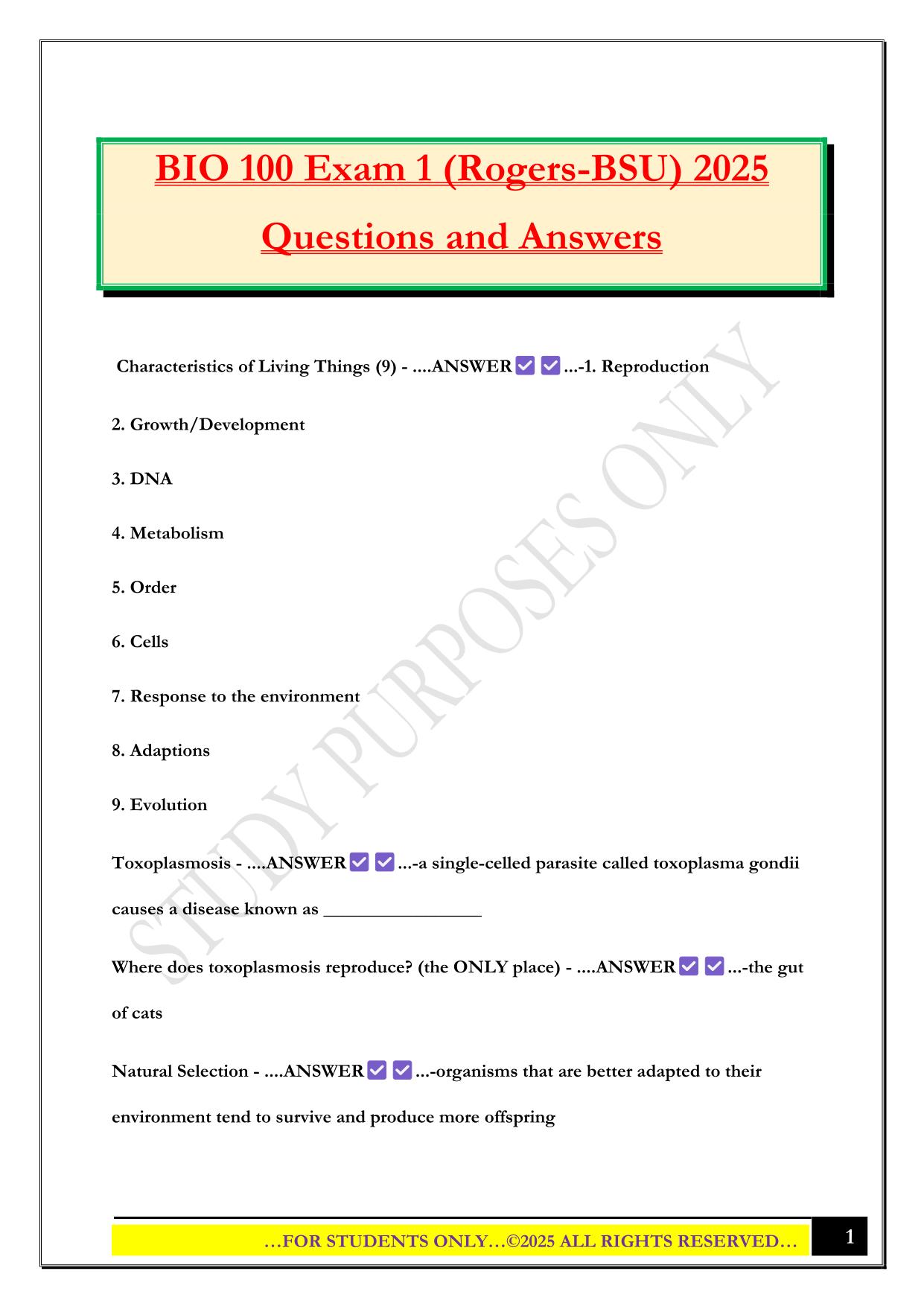 BIO 100 Exam 1 (Rogers-BSU) 2025 Questions and Answers