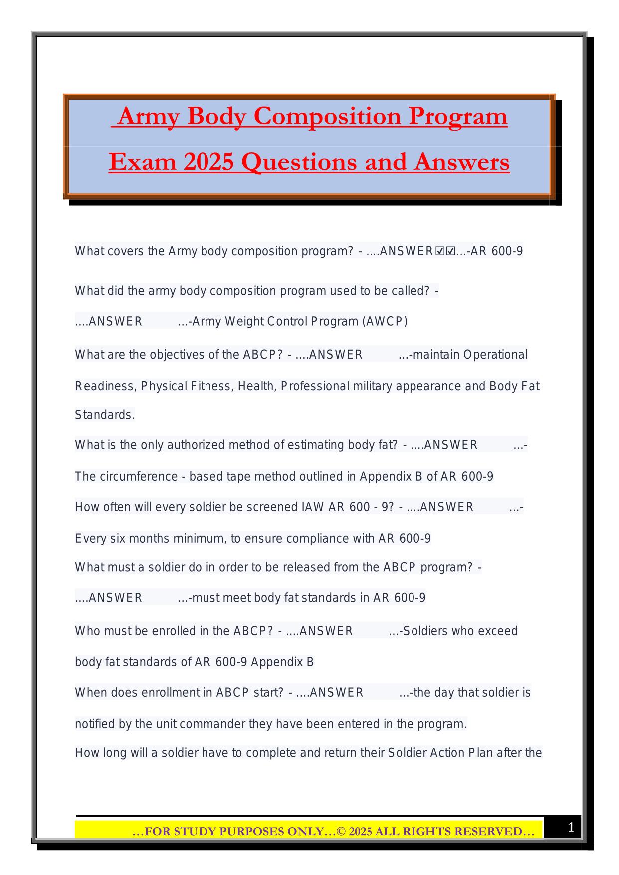 Army Body Composition Program Exam 2025 Questions and Answers