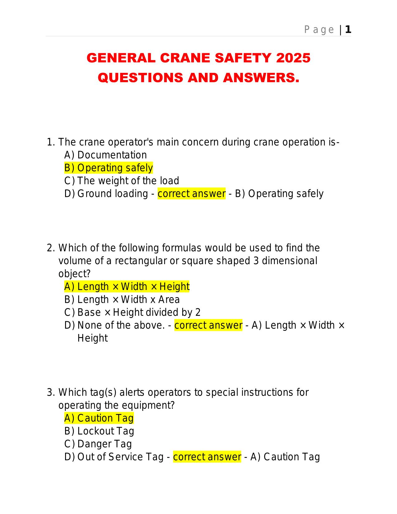 GENERAL CRANE SAFETY 2025 QUESTIONS AND ANSWERS