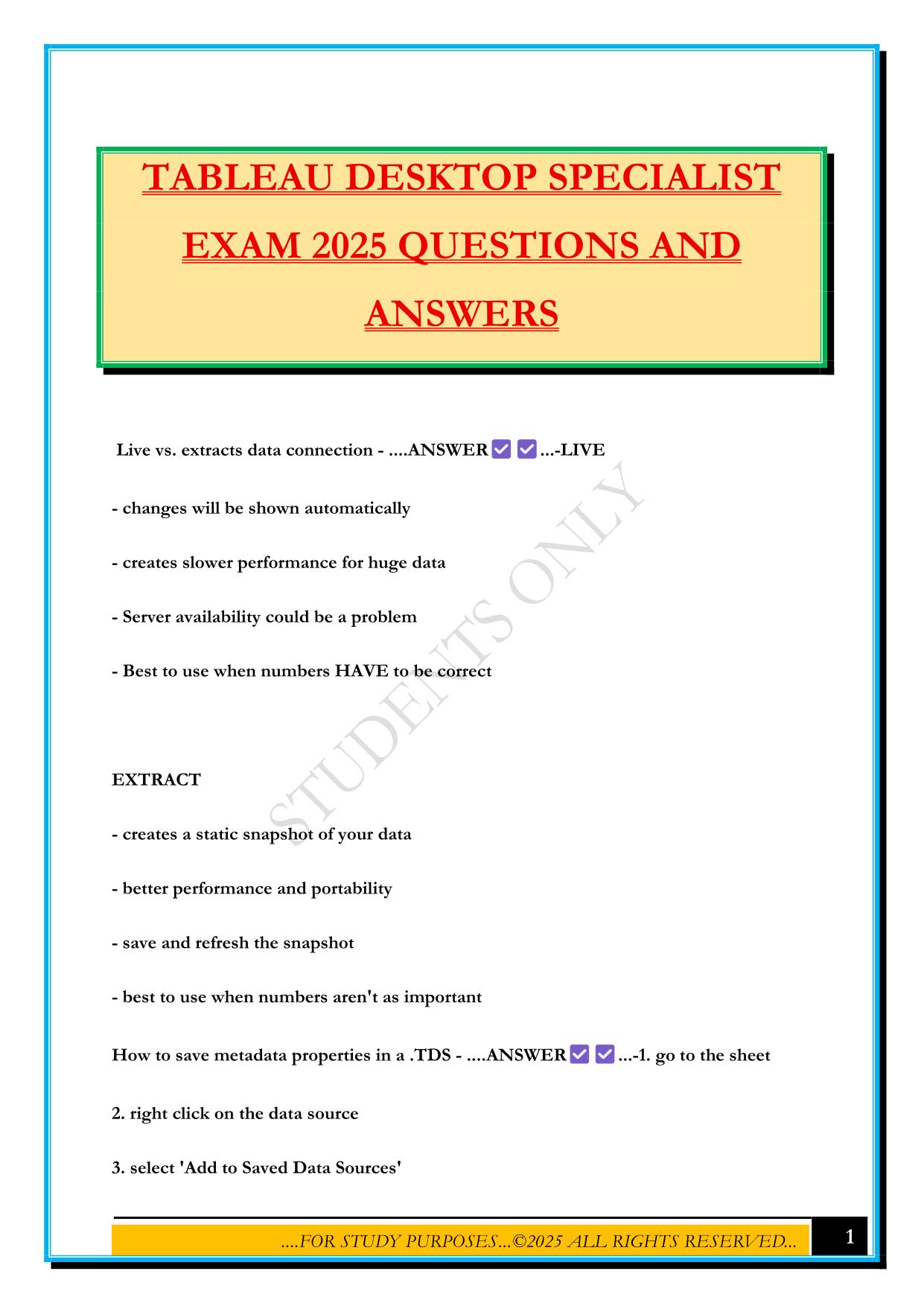 TABLEAU DESKTOP SPECIALIST EXAM 2025 QUESTIONS AND ANSWERS