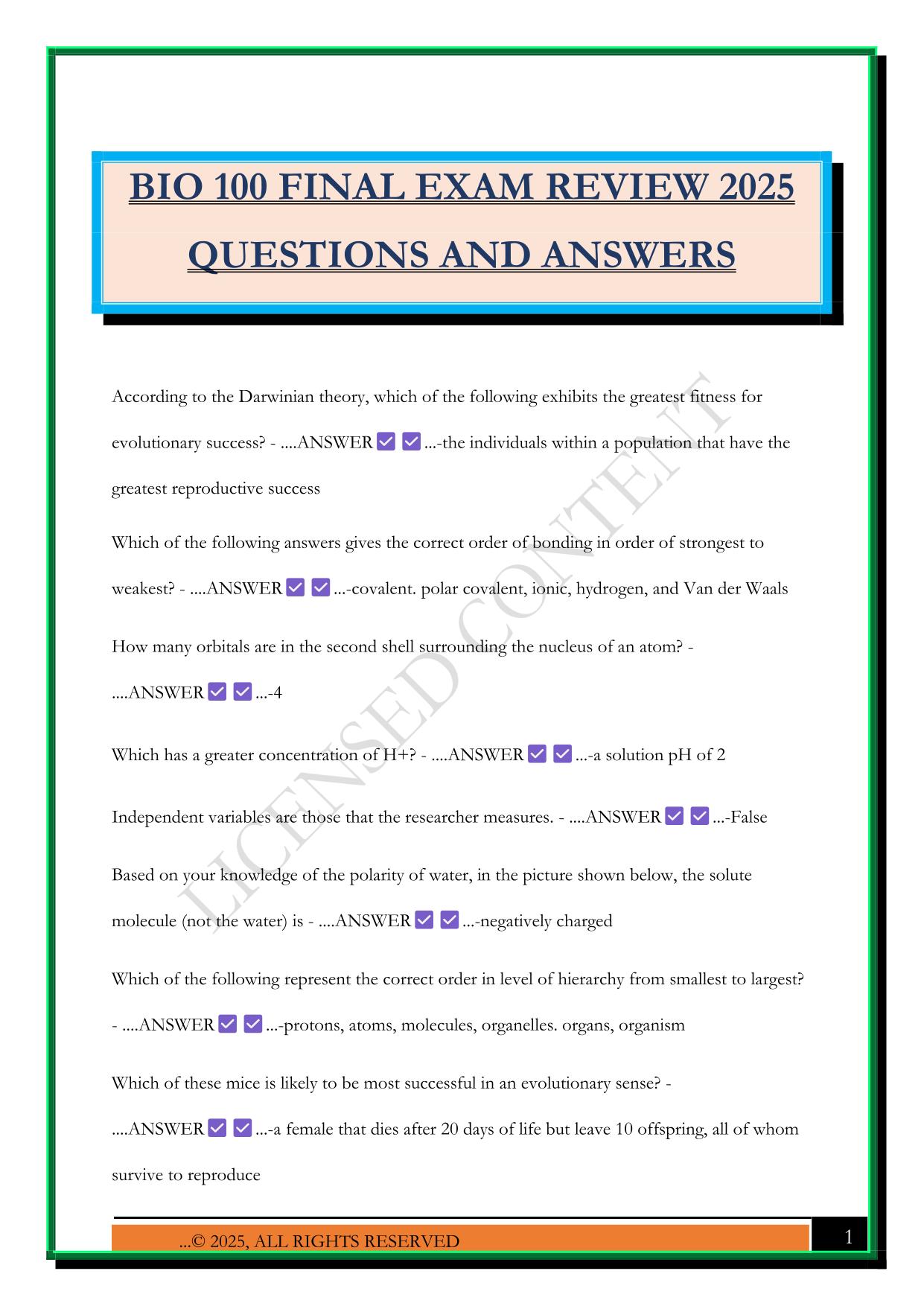 BIO 100 FINAL EXAM REVIEW 2025 QUESTIONS AND ANSWERS