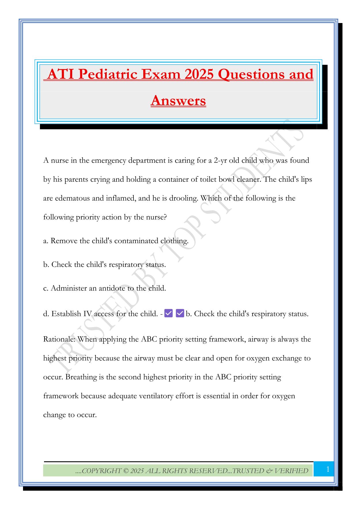 ATI Pediatric Exam 2025 Questions and Answers