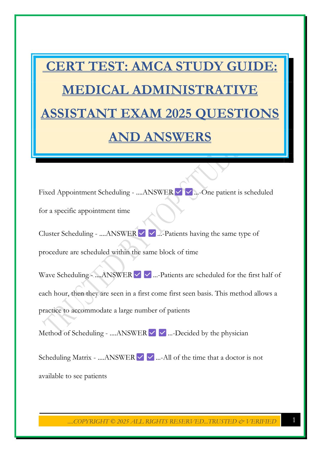 CERT TEST: AMCA STUDY GUIDE: MEDICAL ADMINISTRATIVE ASSISTANT EXAM 2025 QUESTIONS AND ANSWERS