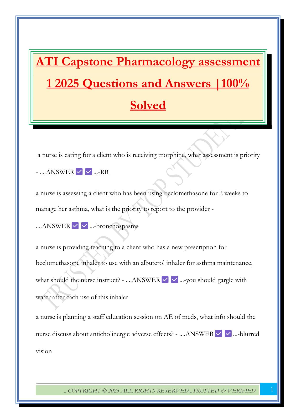 ATI Capstone Pharmacology assessment 1 2025 Questions and Answers |100% Solved