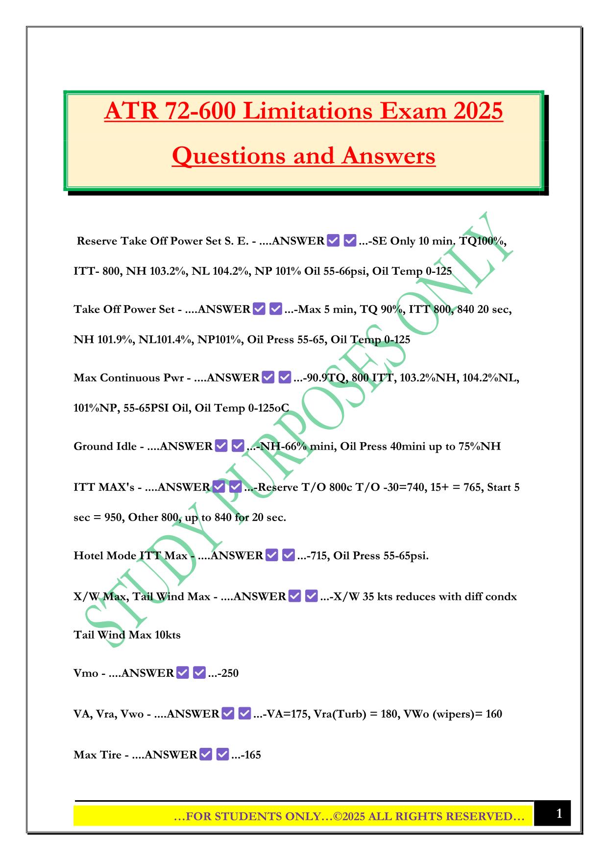 ATR 72-600 Limitations Exam 2025 Questions and Answers