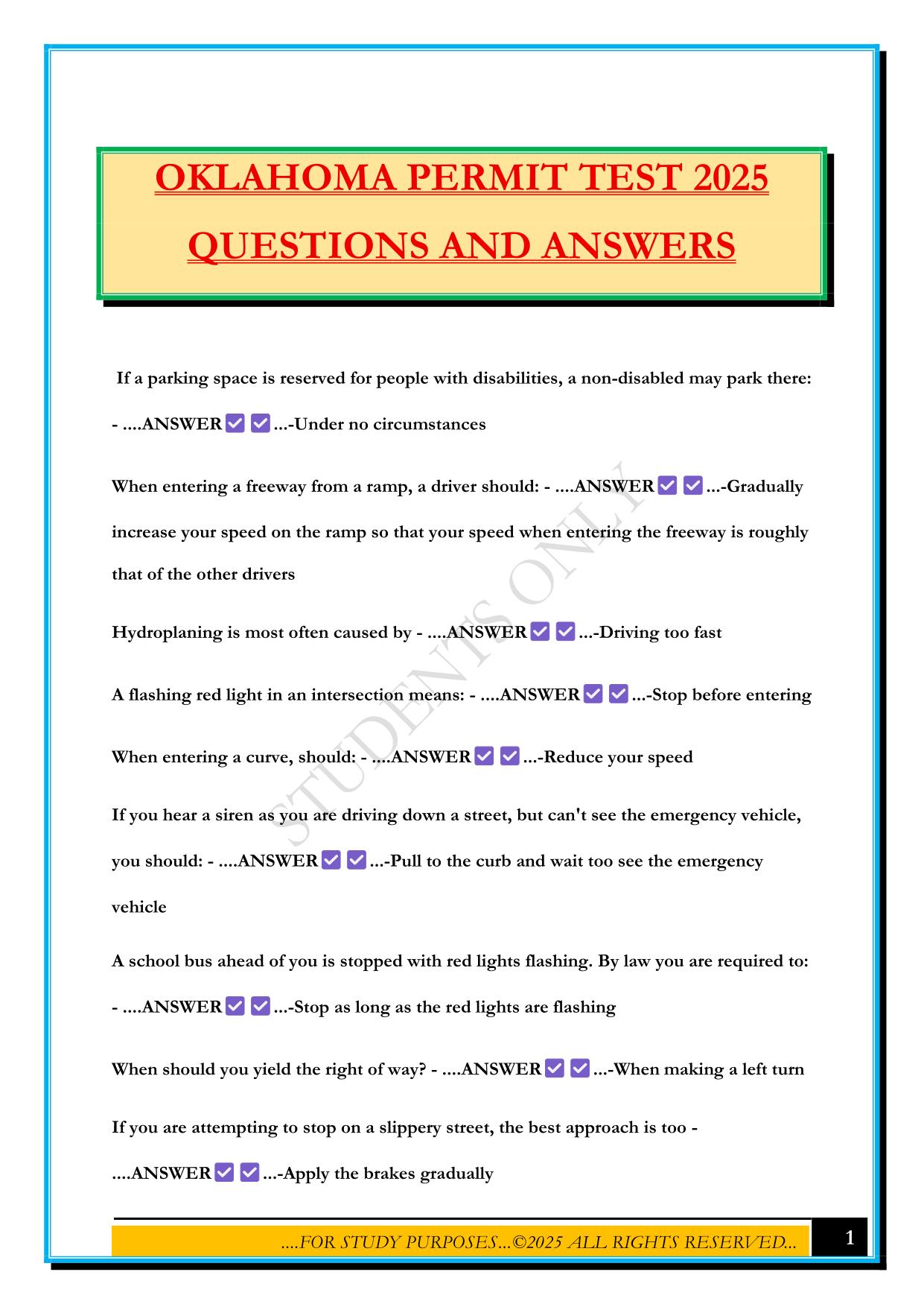 OKLAHOMA PERMIT TEST 2025 QUESTIONS AND ANSWERS