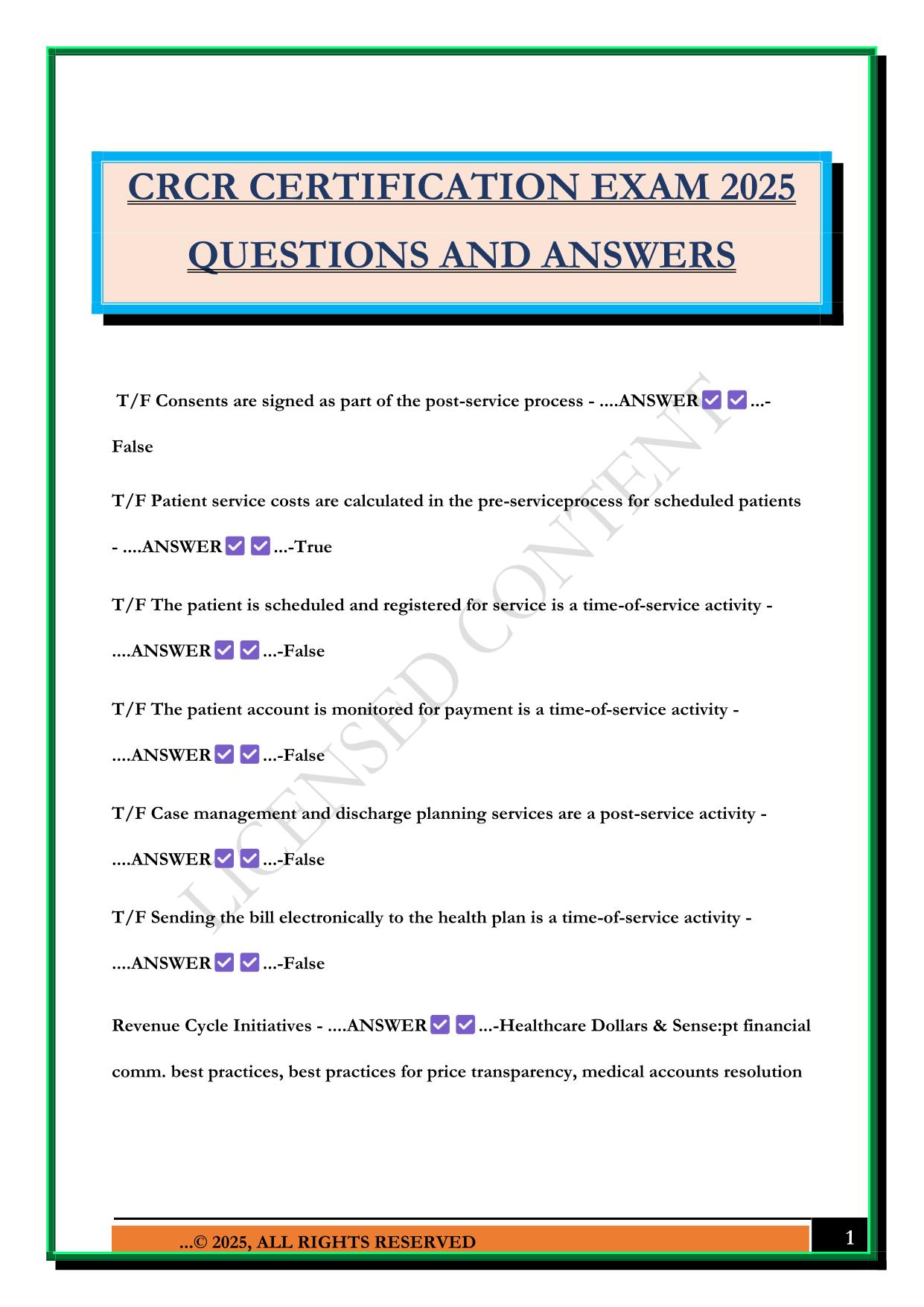 CRCR CERTIFICATION EXAM 2025 QUESTIONS AND ANSWERS