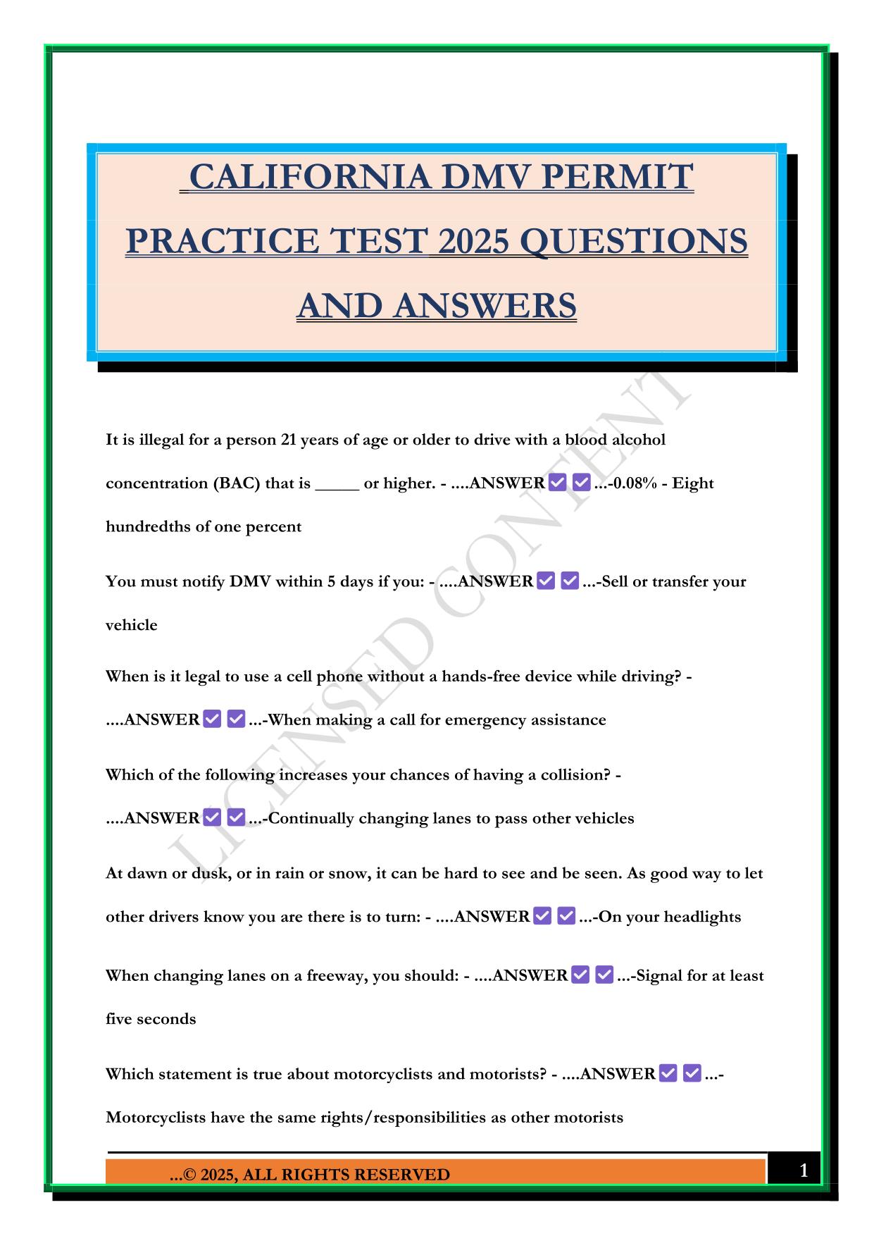 CALIFORNIA DMV PERMIT PRACTICE TEST 2025 QUESTIONS AND ANSWERS