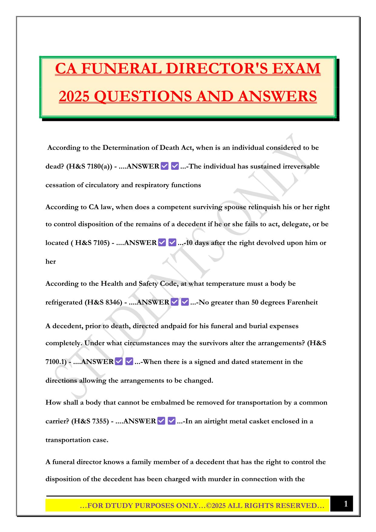 CA FUNERAL DIRECTOR'S EXAM 2025 QUESTIONS AND ANSWERS