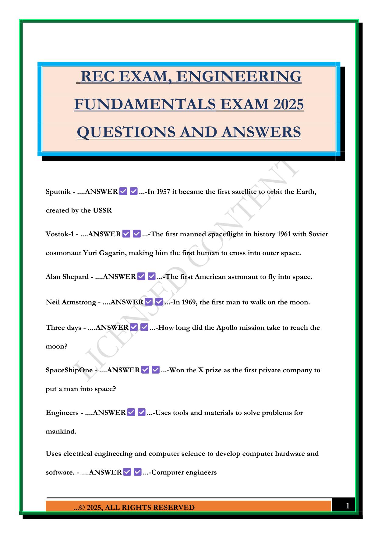 REC EXAM, ENGINEERING FUNDAMENTALS EXAM 2025 QUESTIONS AND ANSWERS