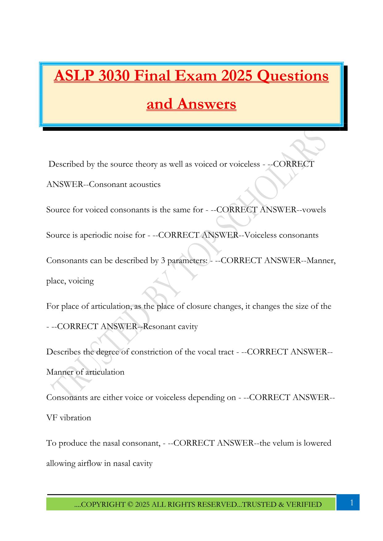 ASLP 3030 Final Exam 2025 Questions and Answers