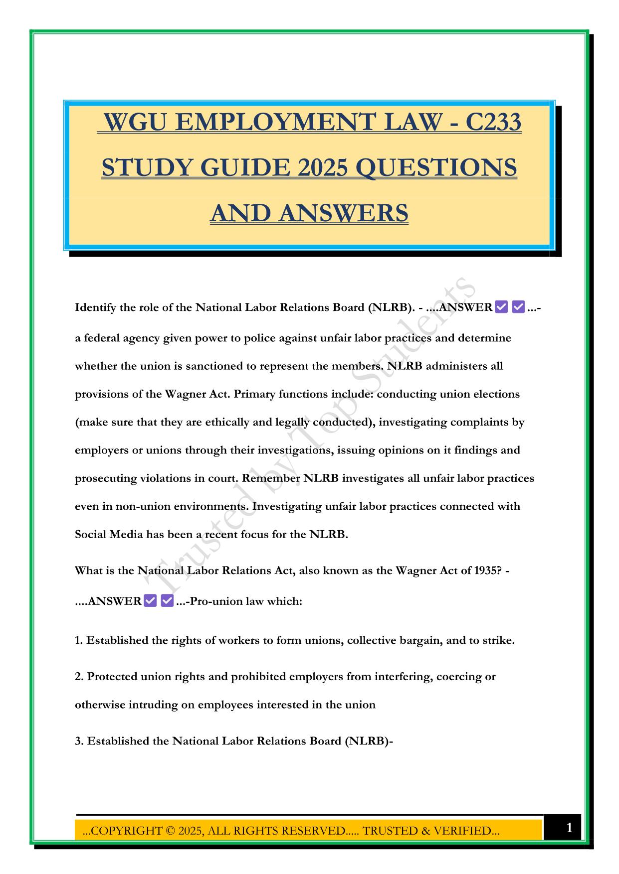 WGU EMPLOYMENT LAW - C233 STUDY GUIDE 2025 QUESTIONS AND ANSWERS