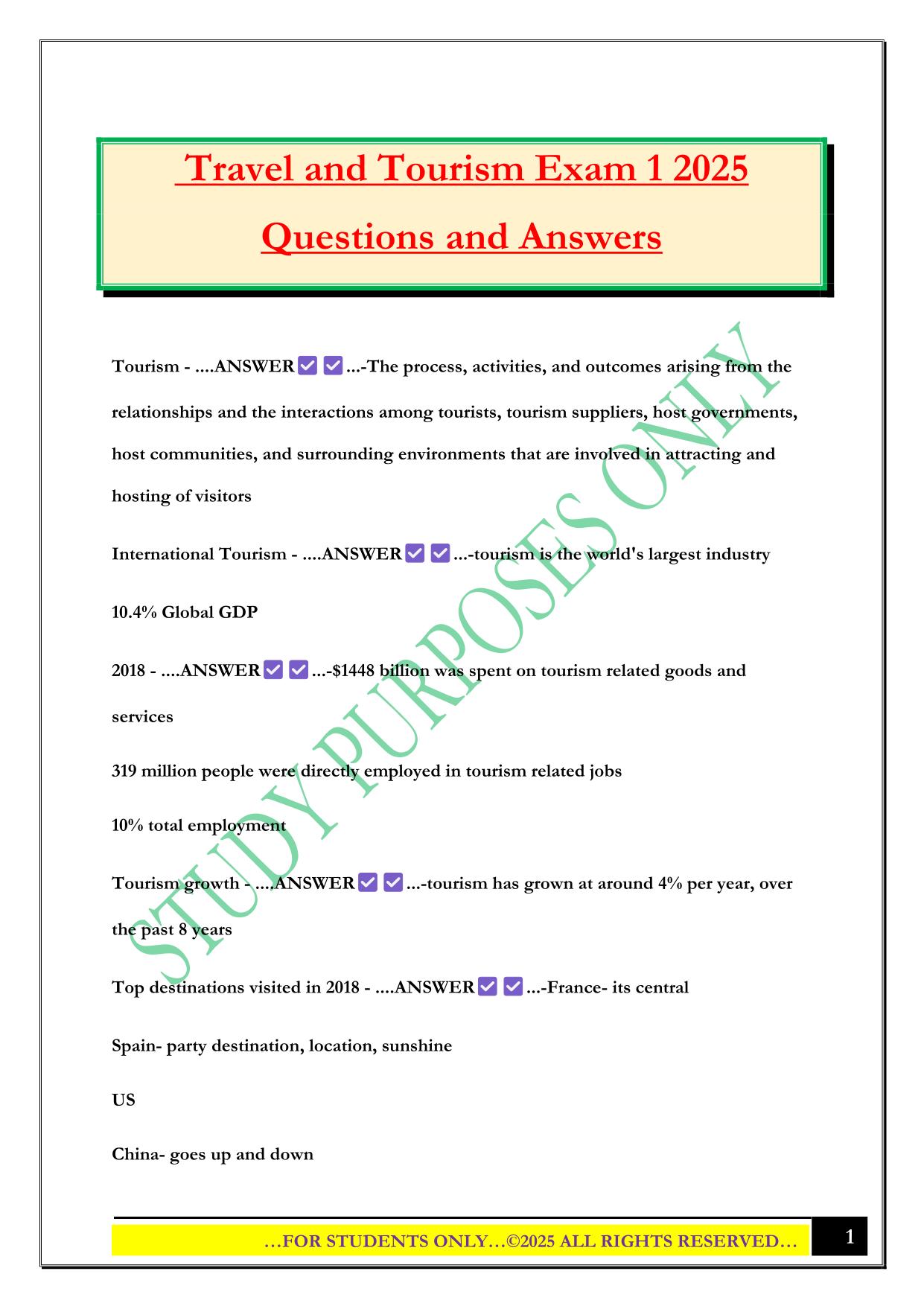 Travel and Tourism Exam 1 2025 Questions and Answers