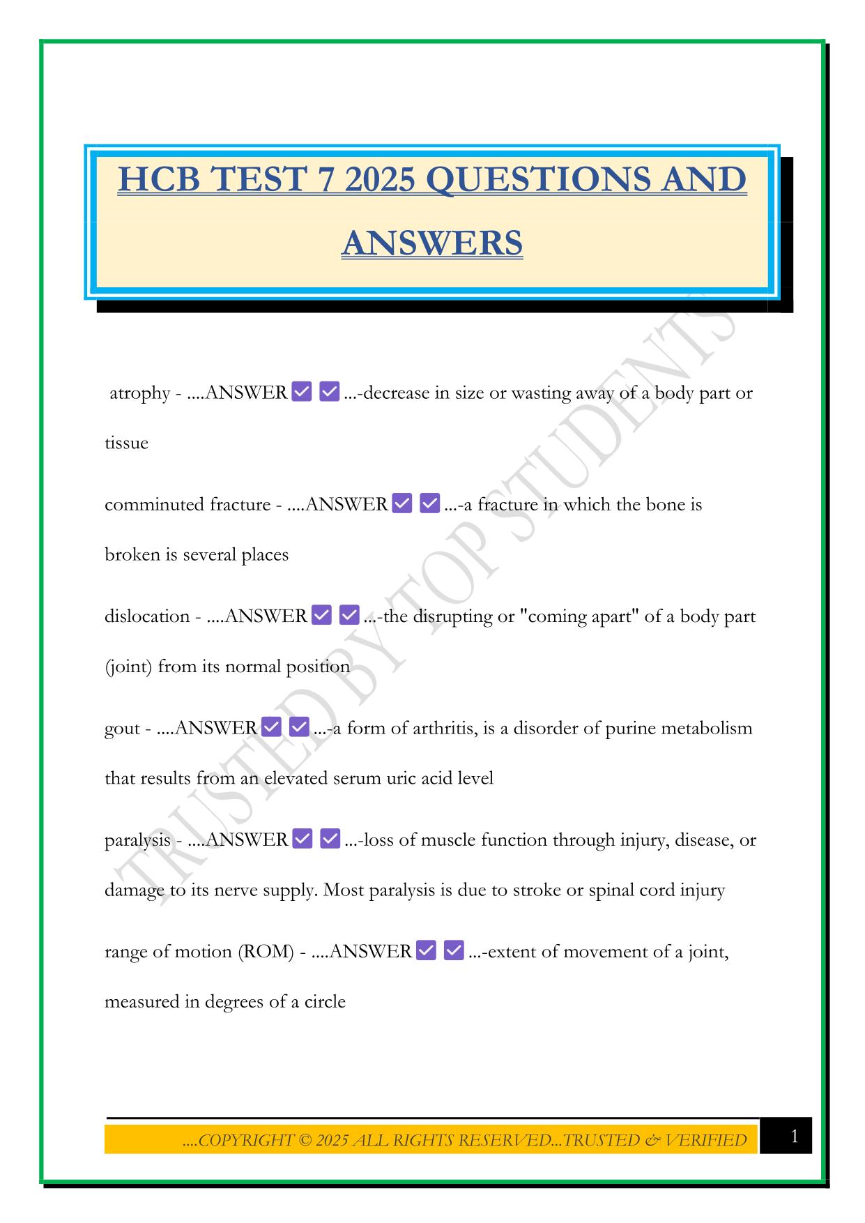 HCB TEST 7 2025 QUESTIONS AND ANSWERS