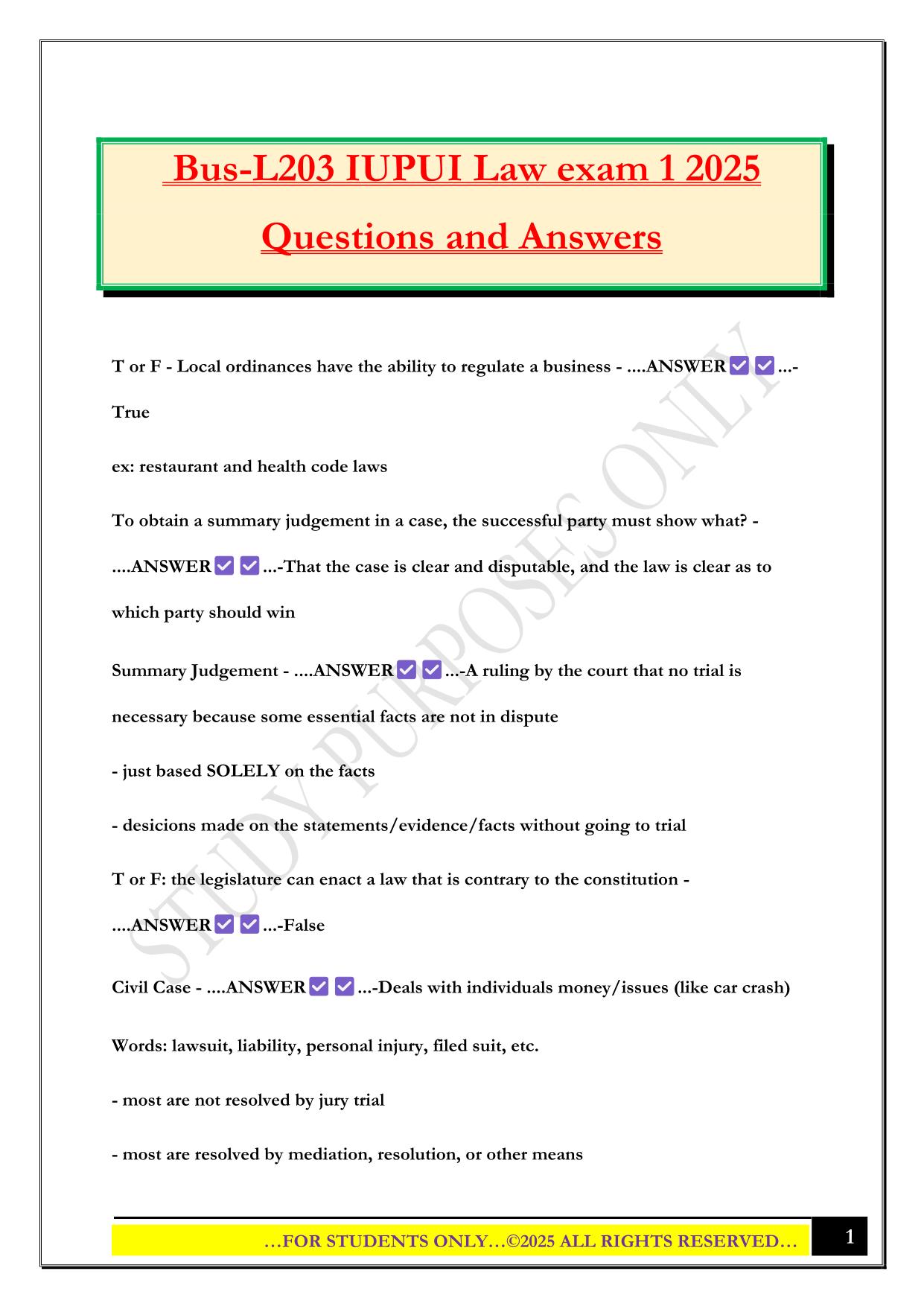 Bus-L203 IUPUI Law exam 1 2025 Questions and Answers