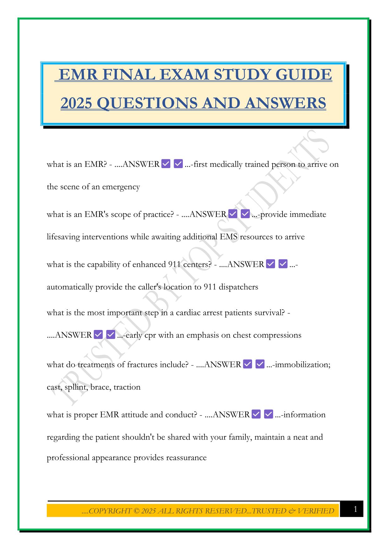 EMR FINAL EXAM STUDY GUIDE 2025 QUESTIONS AND ANSWERS