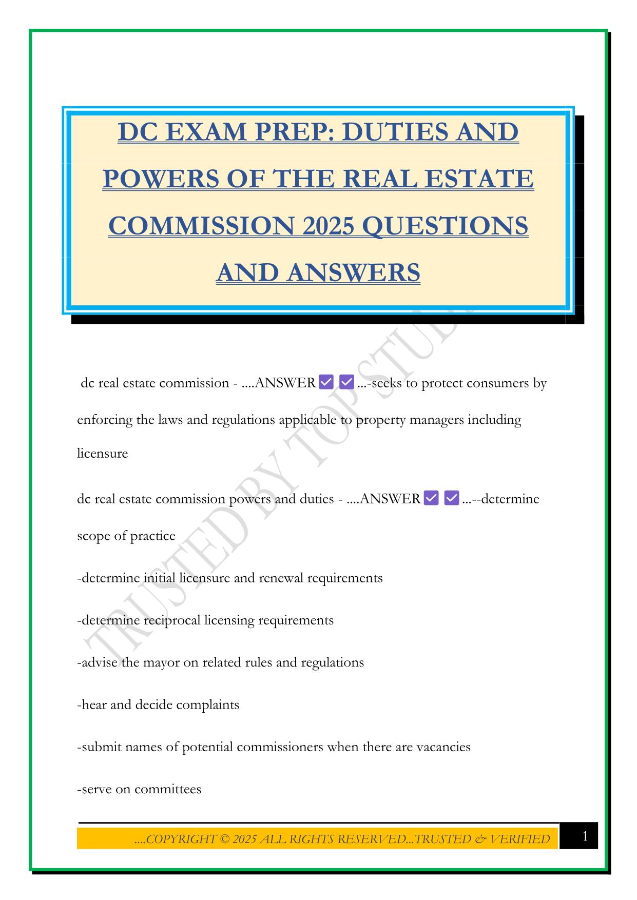 DC EXAM PREP: DUTIES AND POWERS OF THE REAL ESTATE COMMISSION 2025 QUESTIONS AND ANSWERS