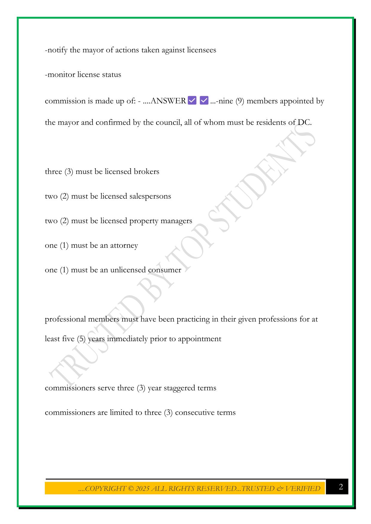 DC EXAM PREP: DUTIES AND POWERS OF THE REAL ESTATE COMMISSION 2025 QUESTIONS AND ANSWERS