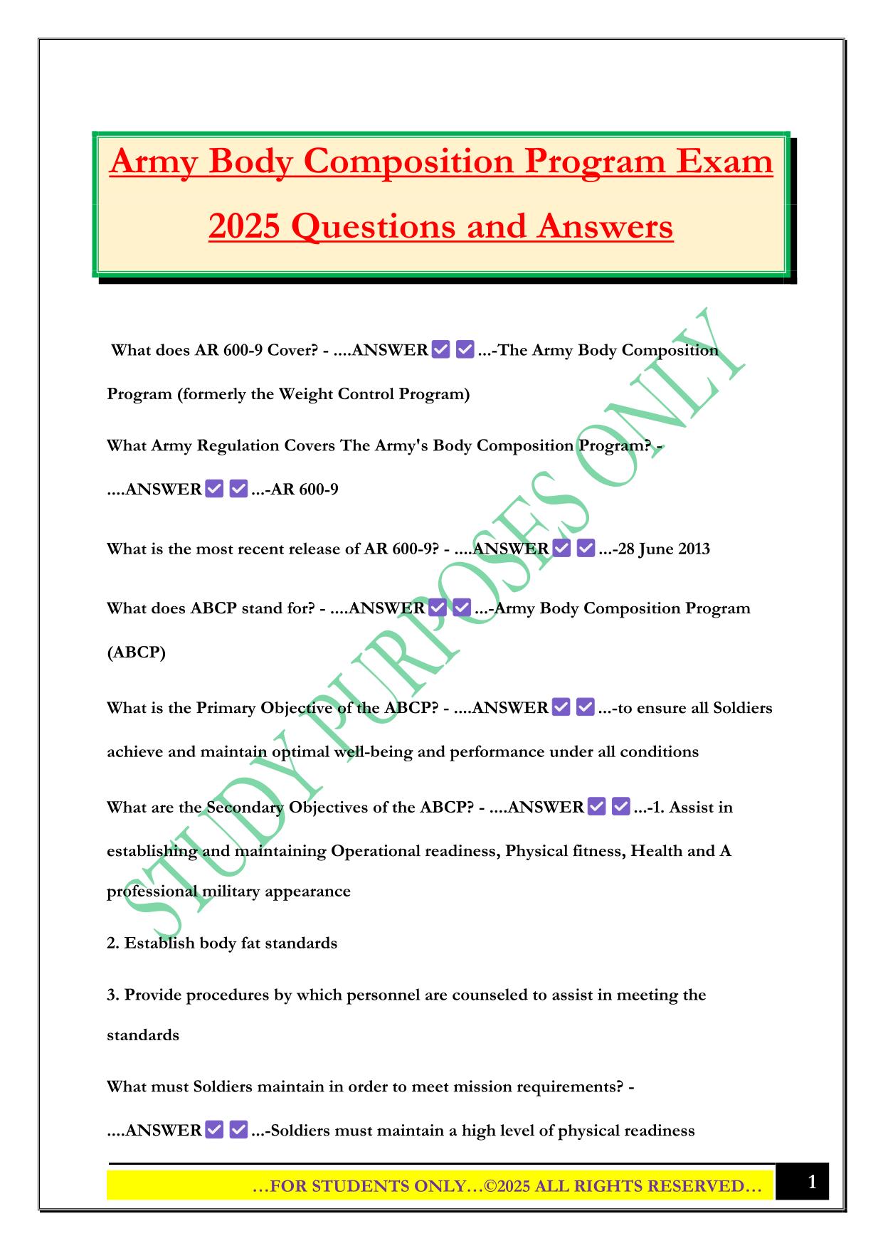 Army Body Composition Program Exam 2025 Questions and Answers