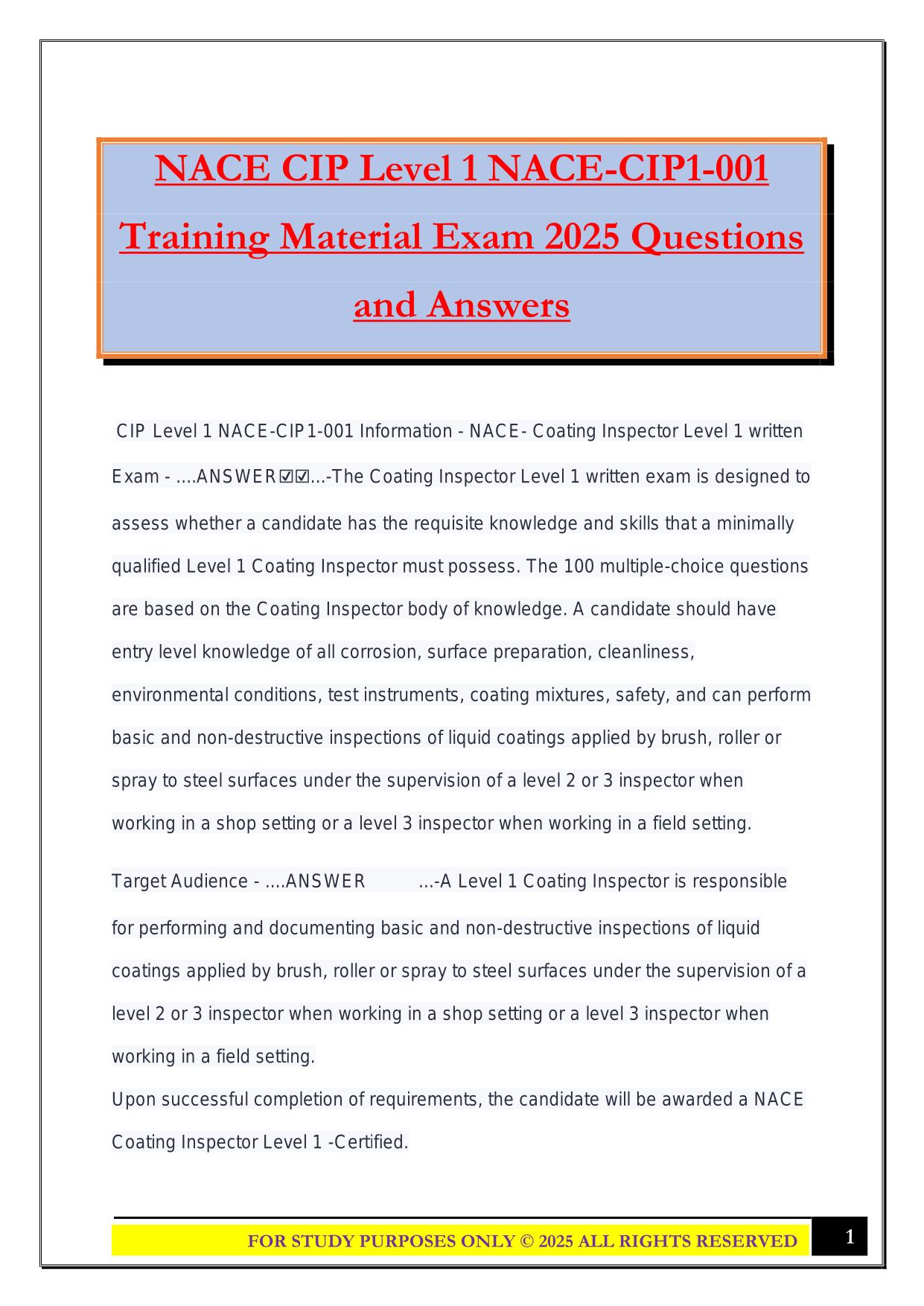 NACE CIP Level 1 NACE-CIP1-001 Training Material Exam 2025 Questions and Answers