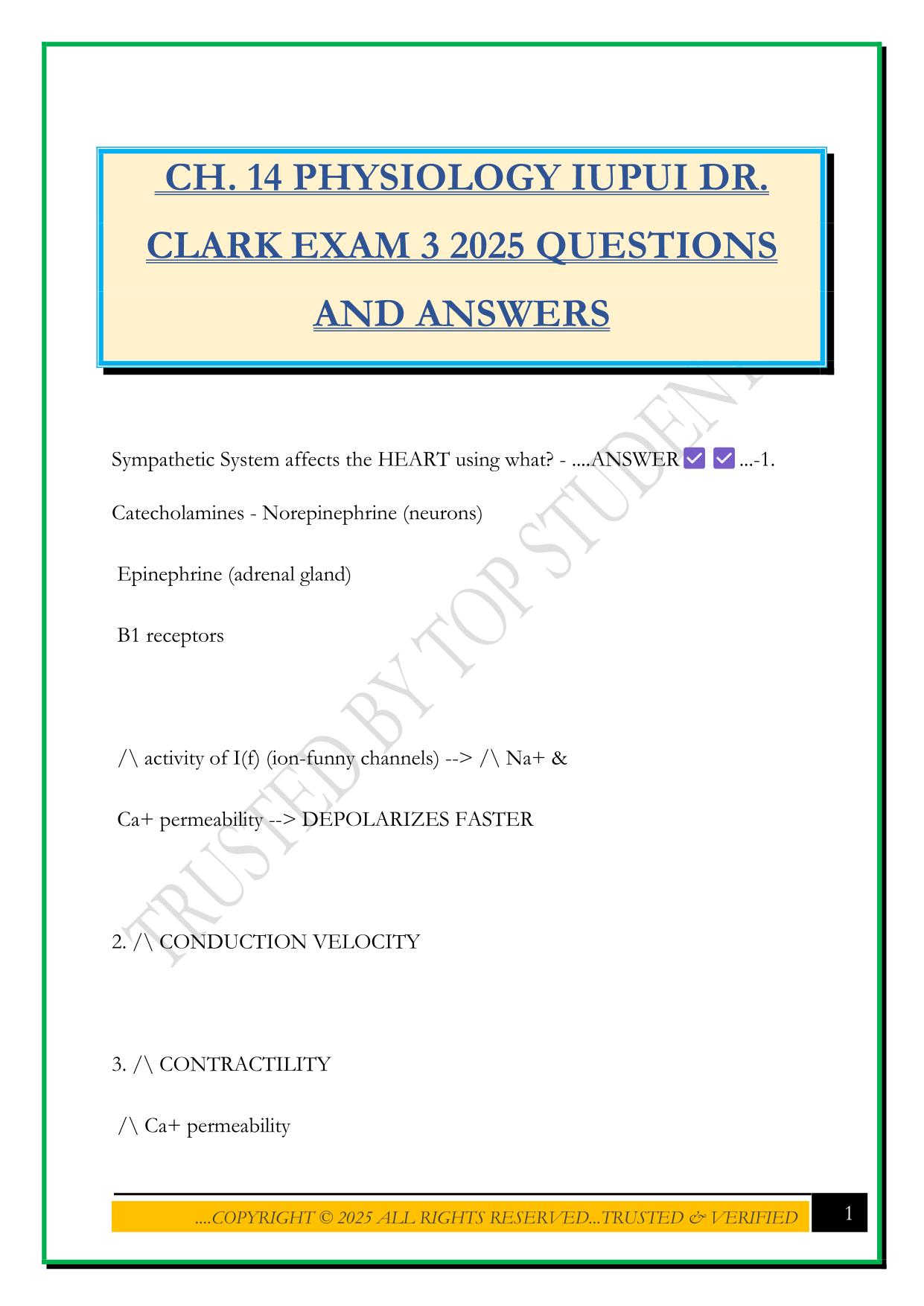CH. 14 PHYSIOLOGY IUPUI DR. CLARK EXAM 3 2025 QUESTIONS AND ANSWERS