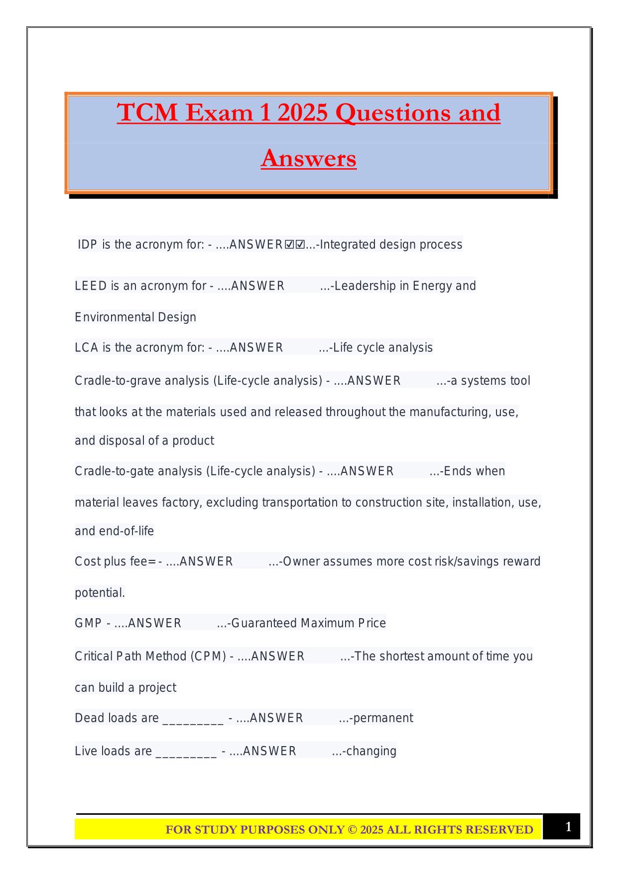 TCM Exam 1 2025 Questions and Answers