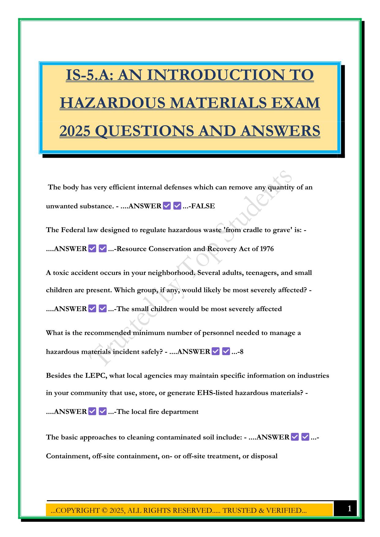  IS-5.A: AN INTRODUCTION TO HAZARDOUS MATERIALS EXAM 2025 QUESTIONS AND ANSWERS
