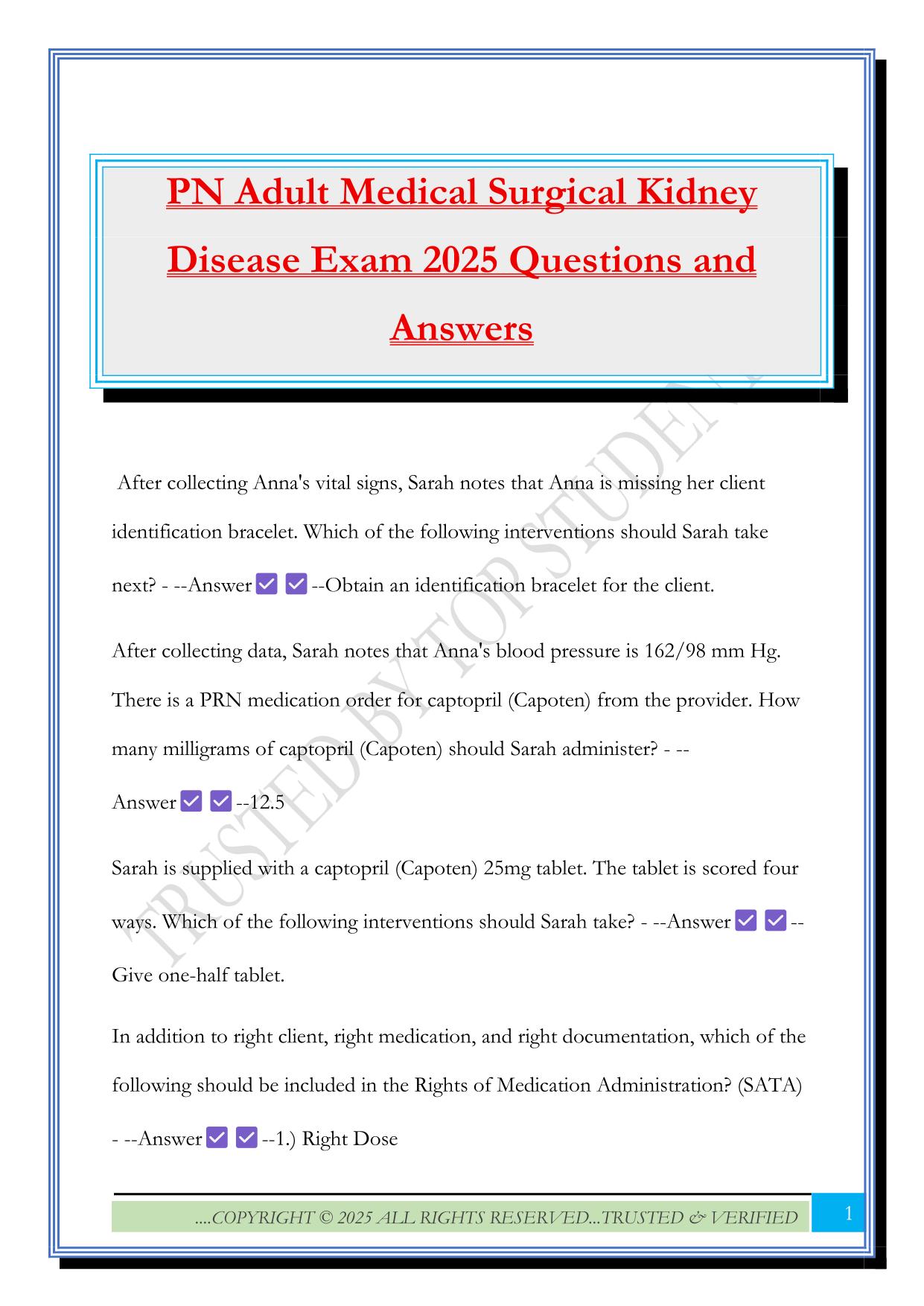 PN Adult Medical Surgical Kidney Disease Exam 2025 Questions and Answers