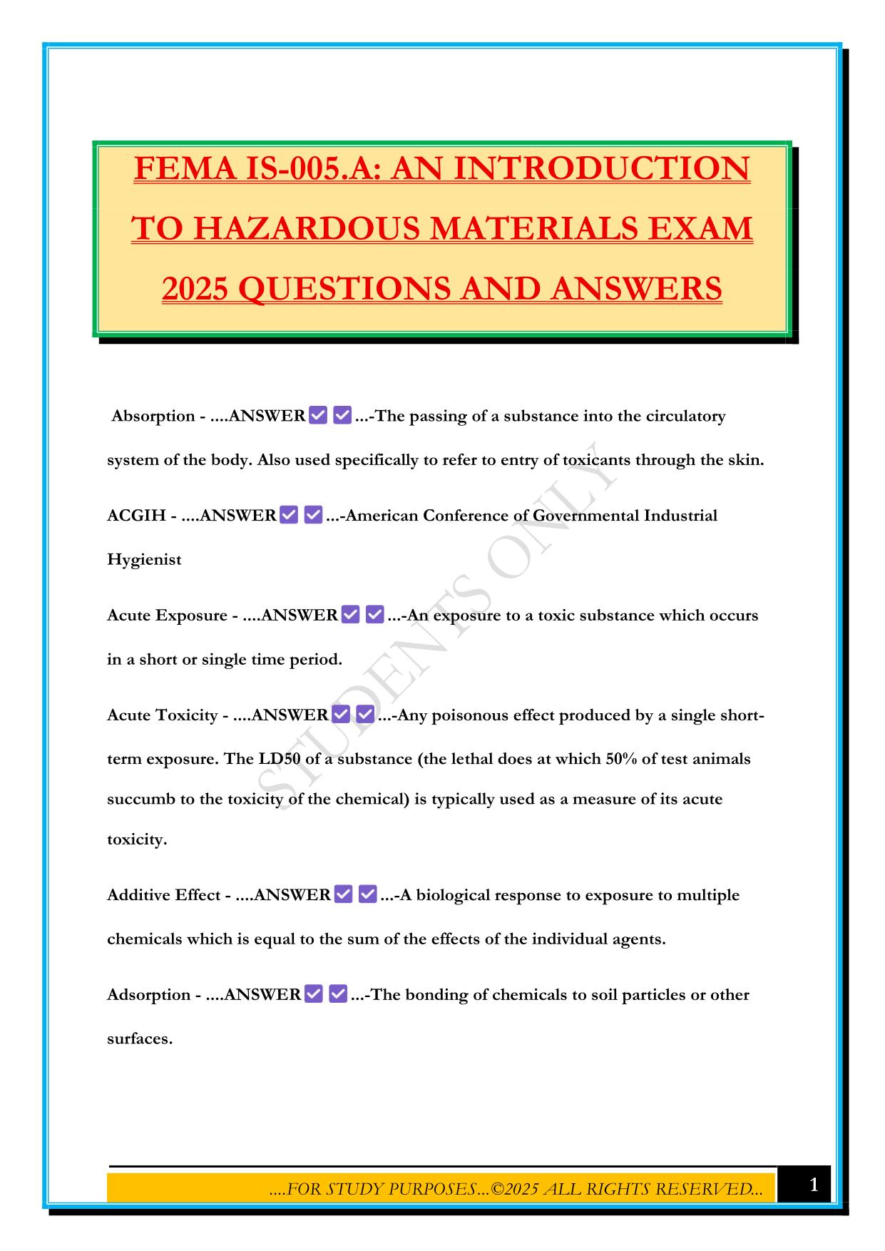 FEMA IS-005.A: AN INTRODUCTION TO HAZARDOUS MATERIALS EXAM 2025 QUESTIONS AND ANSWERS