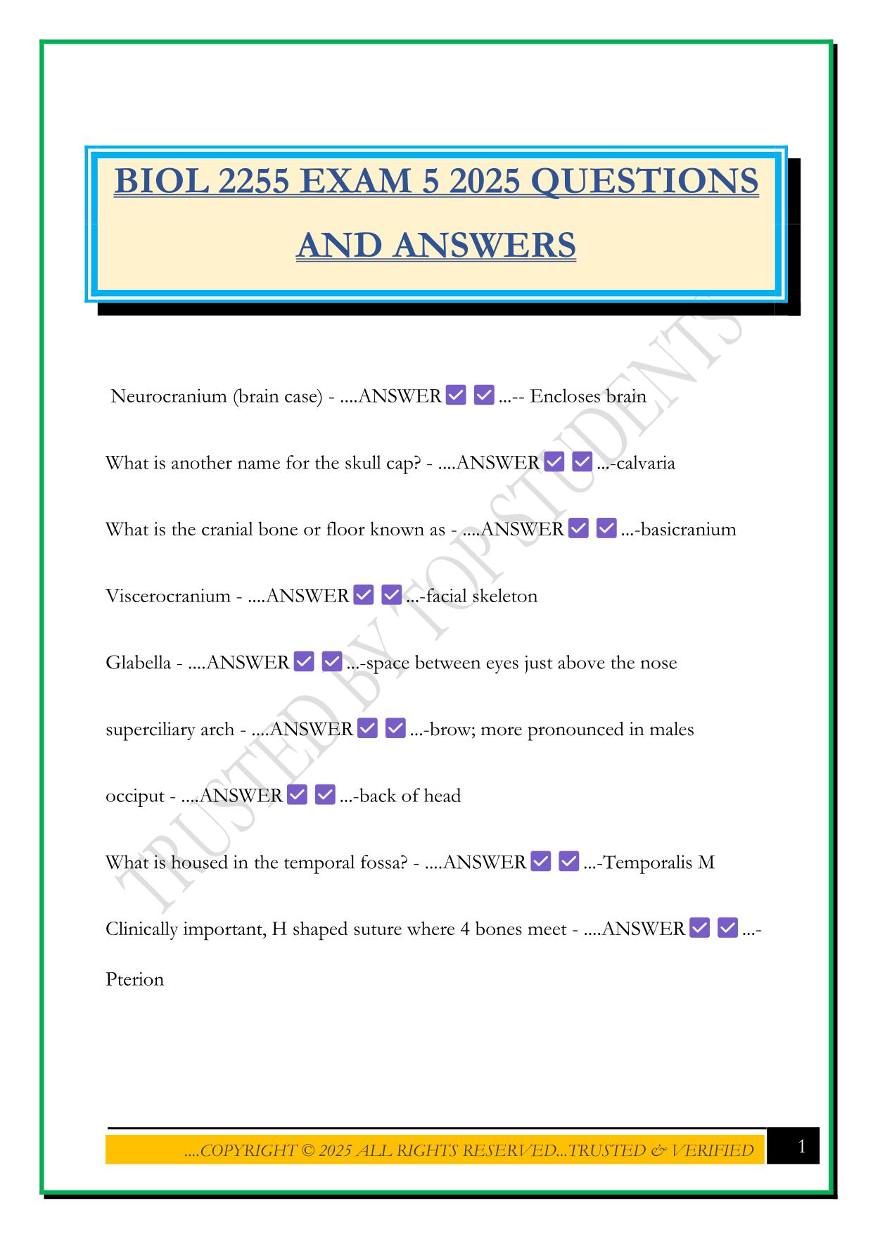 BIOL 2255 EXAM 5 2025 QUESTIONS AND ANSWERS