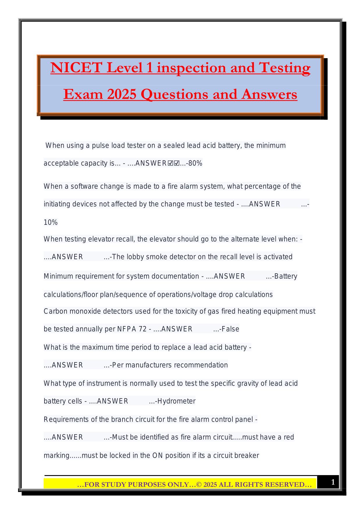 NICET Level 1 inspection and Testing Exam 2025 Questions and Answers