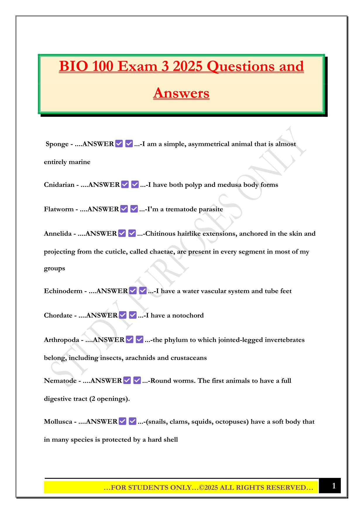 BIO 100 Exam 3 2025 Questions and Answers