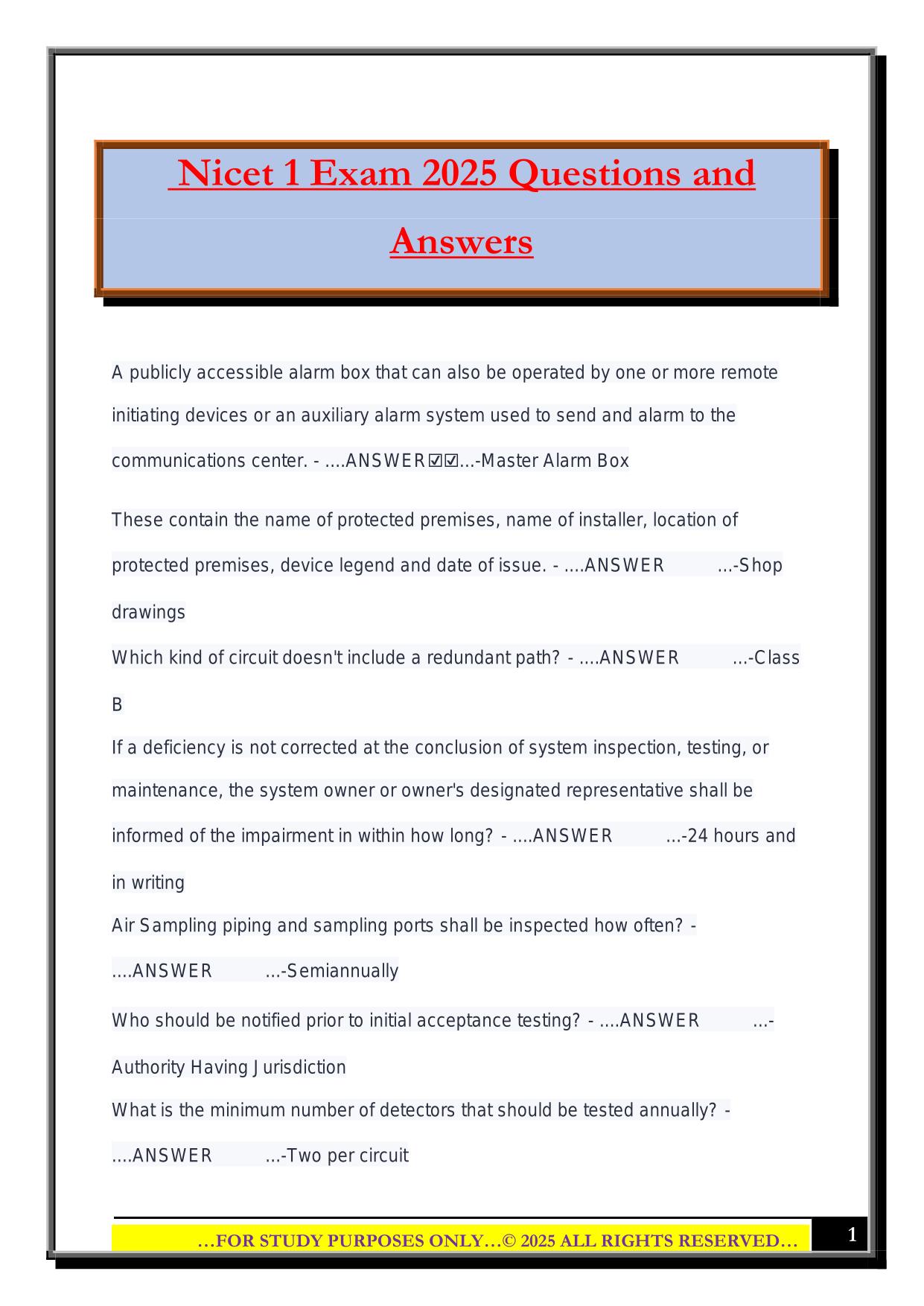Nicet 1 Exam 2025 Questions and Answers