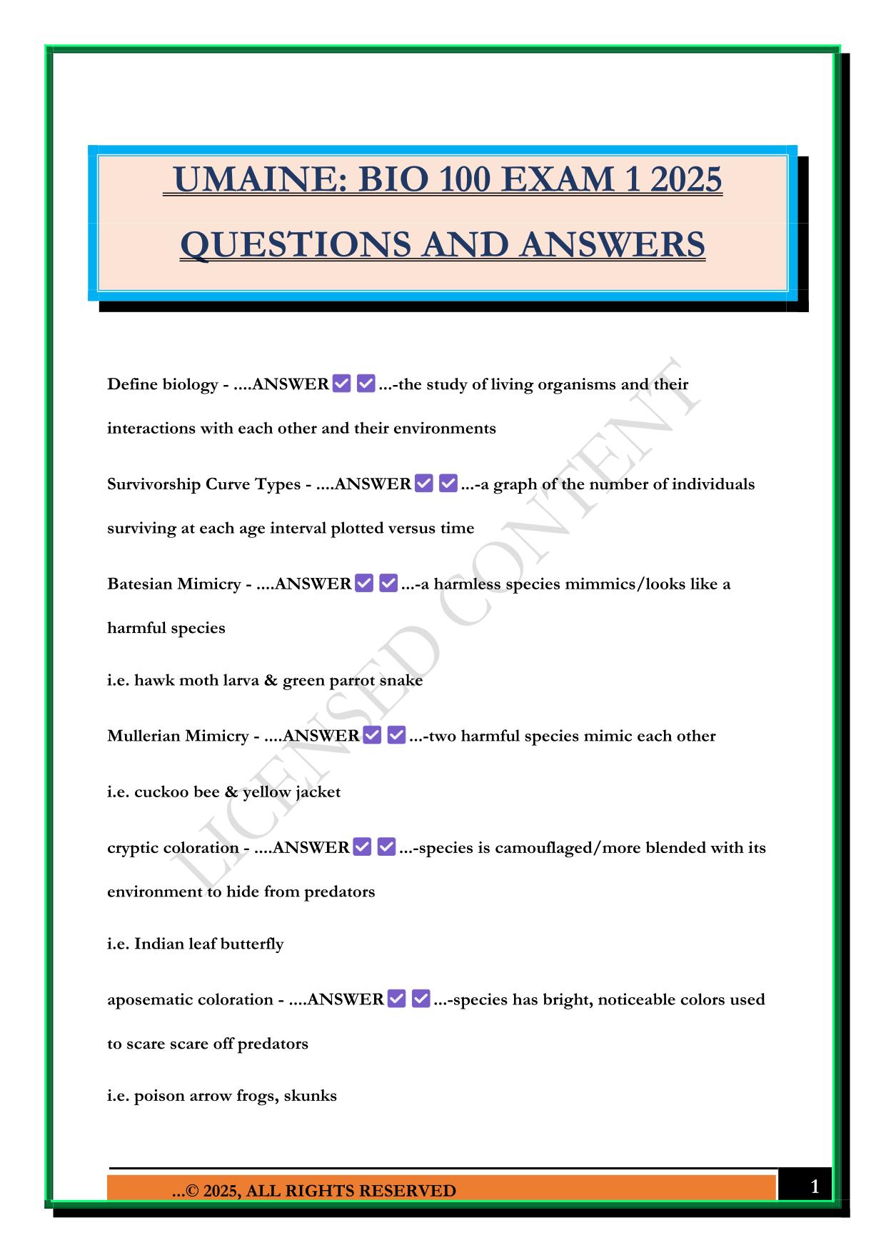 UMAINE: BIO 100 EXAM 1 2025 QUESTIONS AND ANSWERS